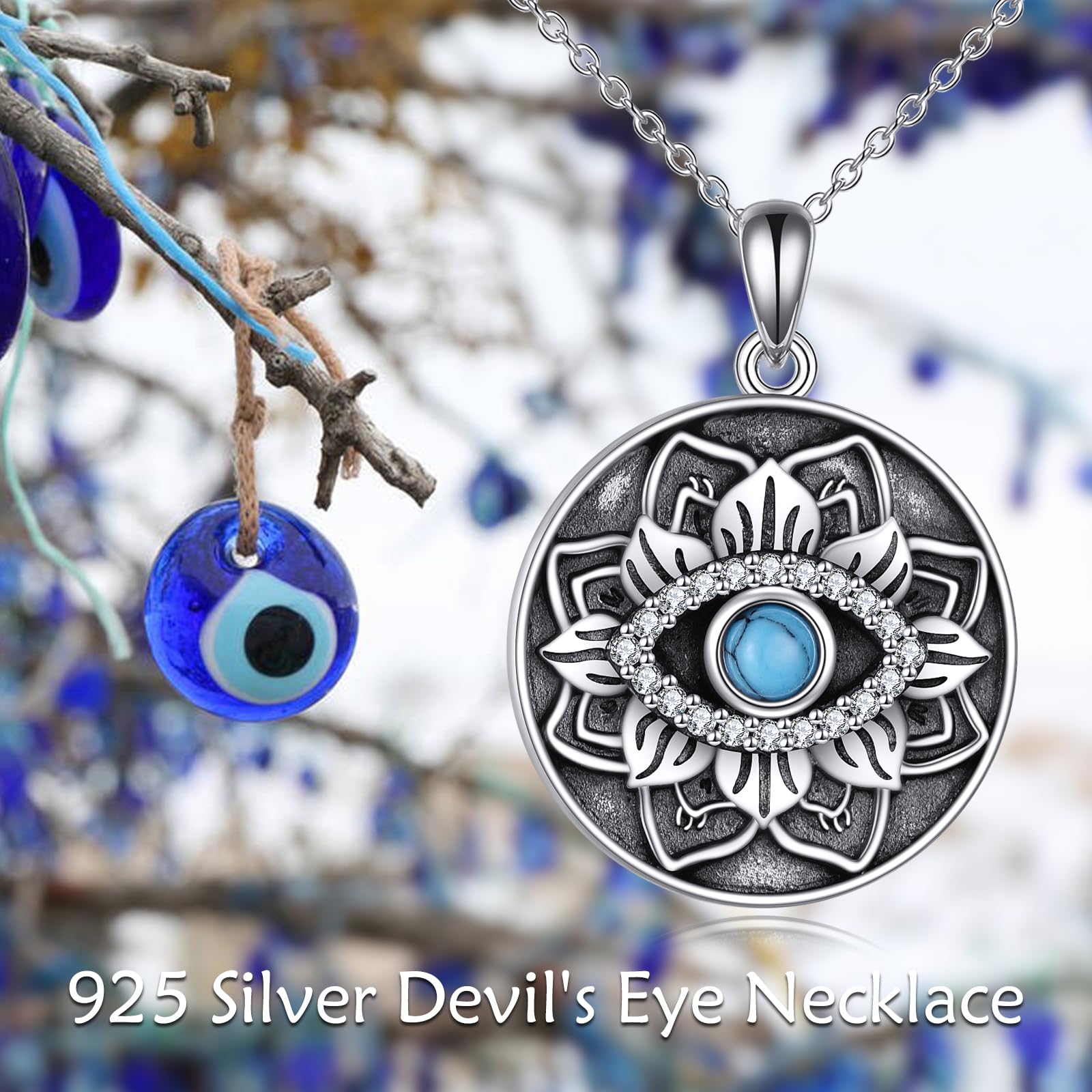 VONALA Collar de ojo turco de loto de plata de ley 925 con colgante de flor de loto, joyería griega de mal de ojo para mujeres y niñas, Plata esterlina, Turquesa
