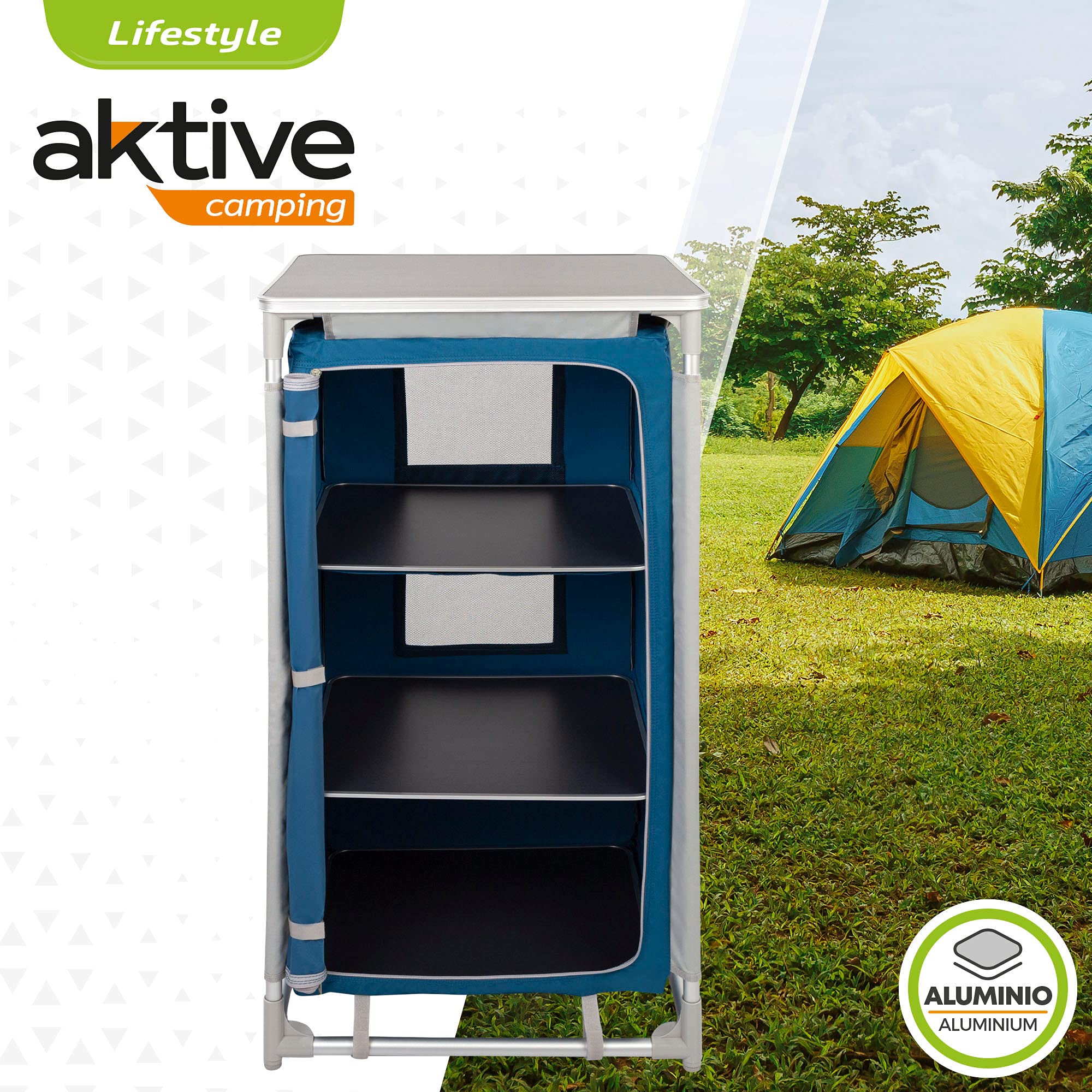 AKTIVE 52853-Mueble plegable cocina, camping, jardín, armario plegable aluminio, armario portátil ligero, 60x49x106 cm, color azul marino