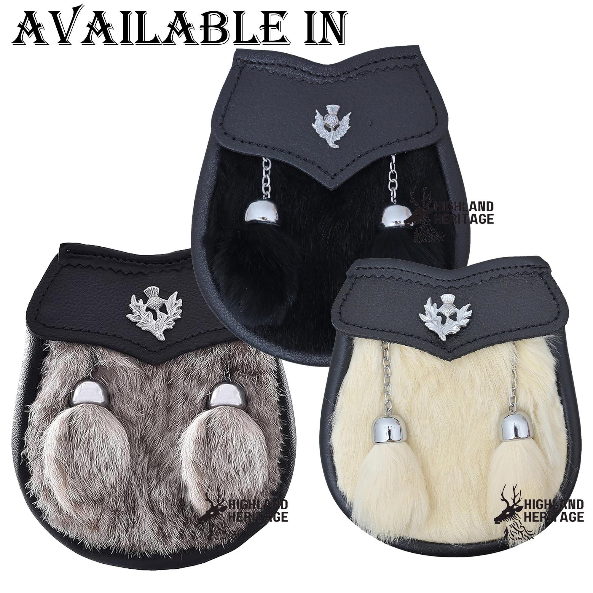 Kilt Sporran per bambini con pelliccia bianca e distintivo cardo in pelle nera, accessorio ideale per abiti scozzesi delle Highland da bambino, Sporran per bambini