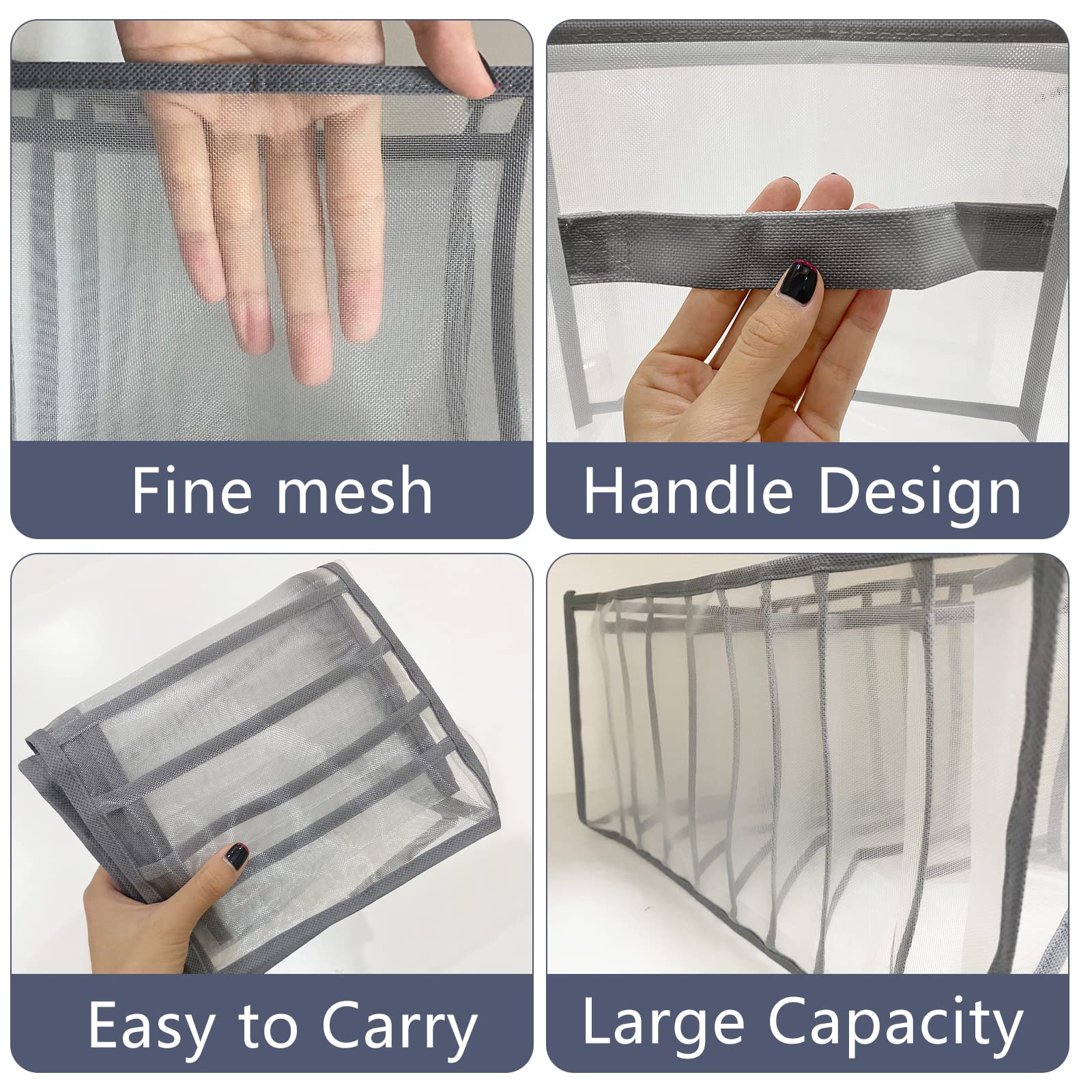 Organisateur Rangement Tiroir - Lot 4 Boîtes Pliables Grises, 7-9 Compartiments, Pour Vêtements