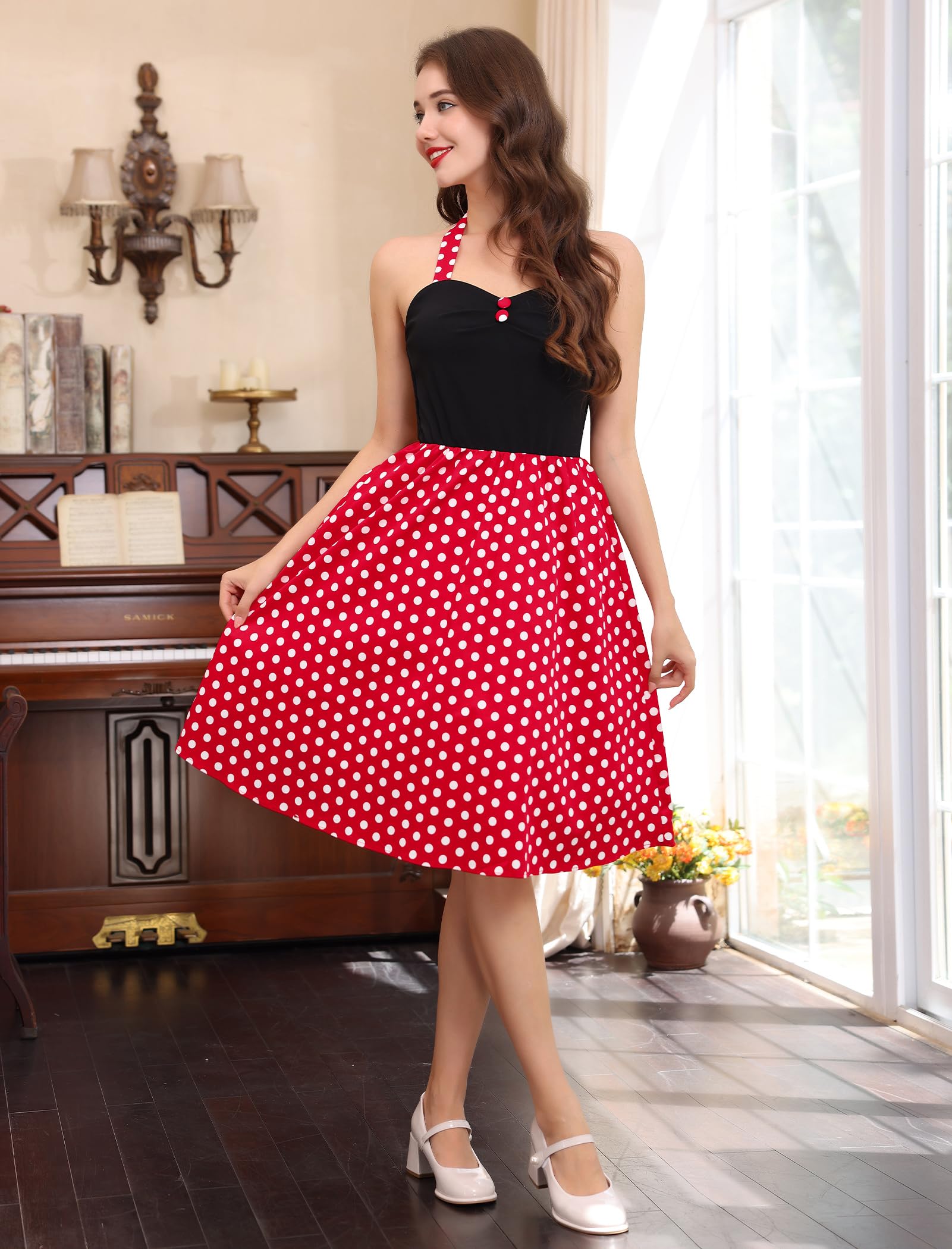 Robe de cocktail rétro pour femme, style années 50, pin-up, dos nu, à pois