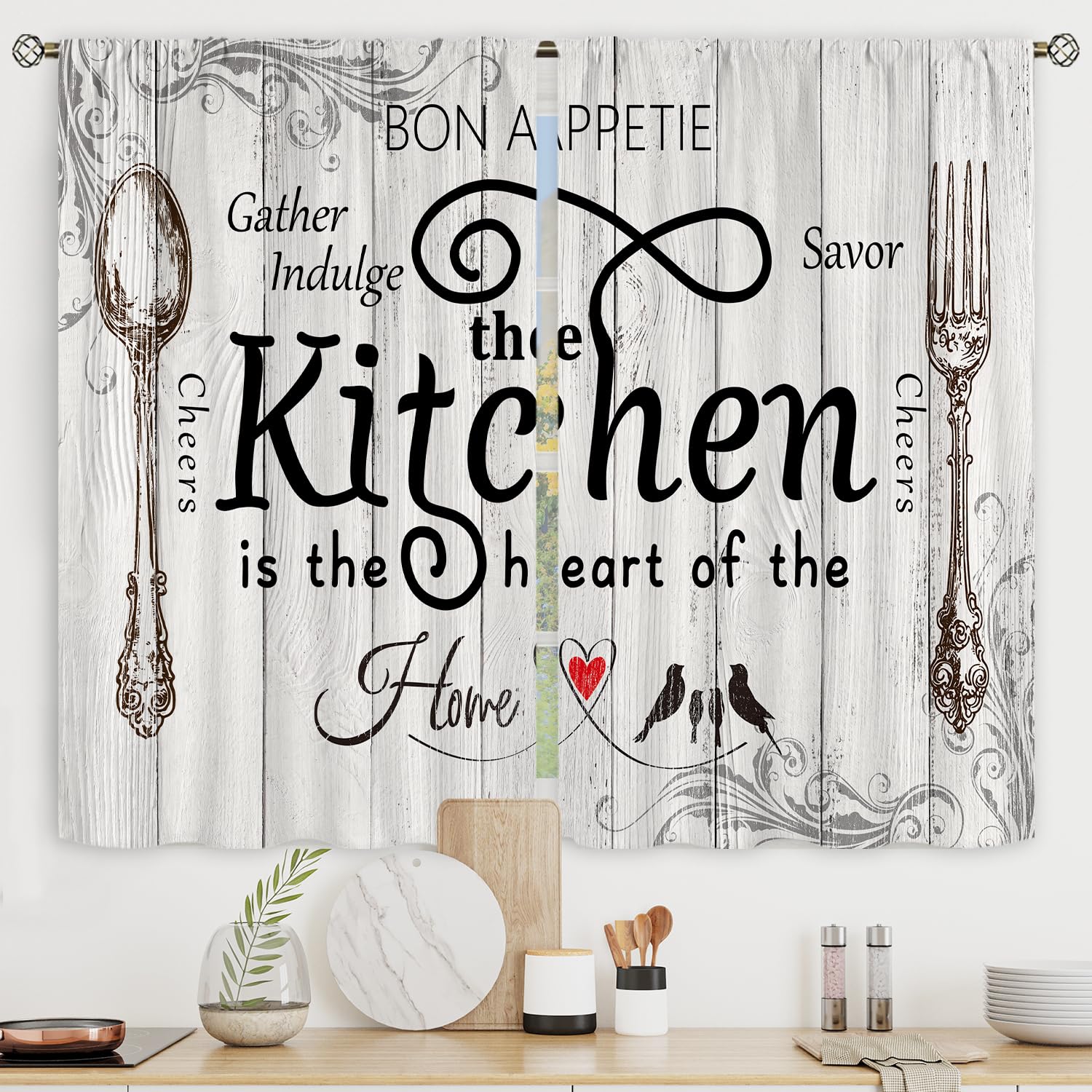 Riyidecor Kitchen Curtains Rustic Farmhouse 55x39 Inch Rod Pocket Country Sho...