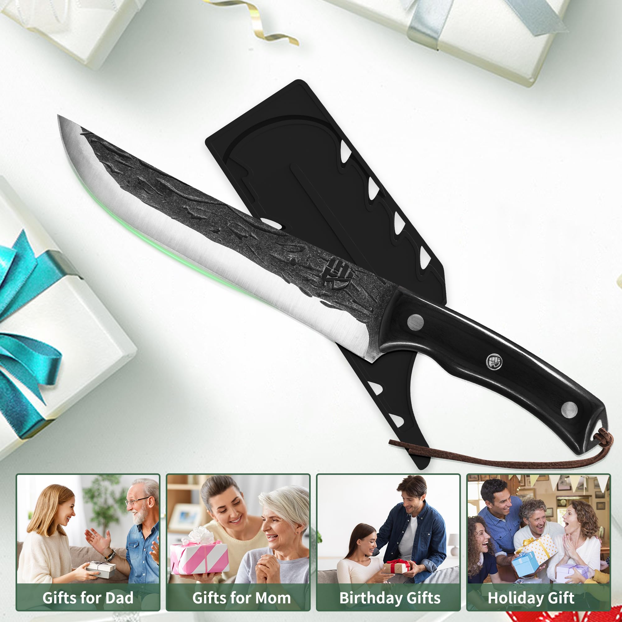 FULLHI Cuchillo deshuesador con funda,Cuchillo de cocina Full Tang,Cuchillo de acero al carbono para trinchar y deshuesar,Cuchillo de pesca para casa,Camping Barbacoa (Negro, 17cm)