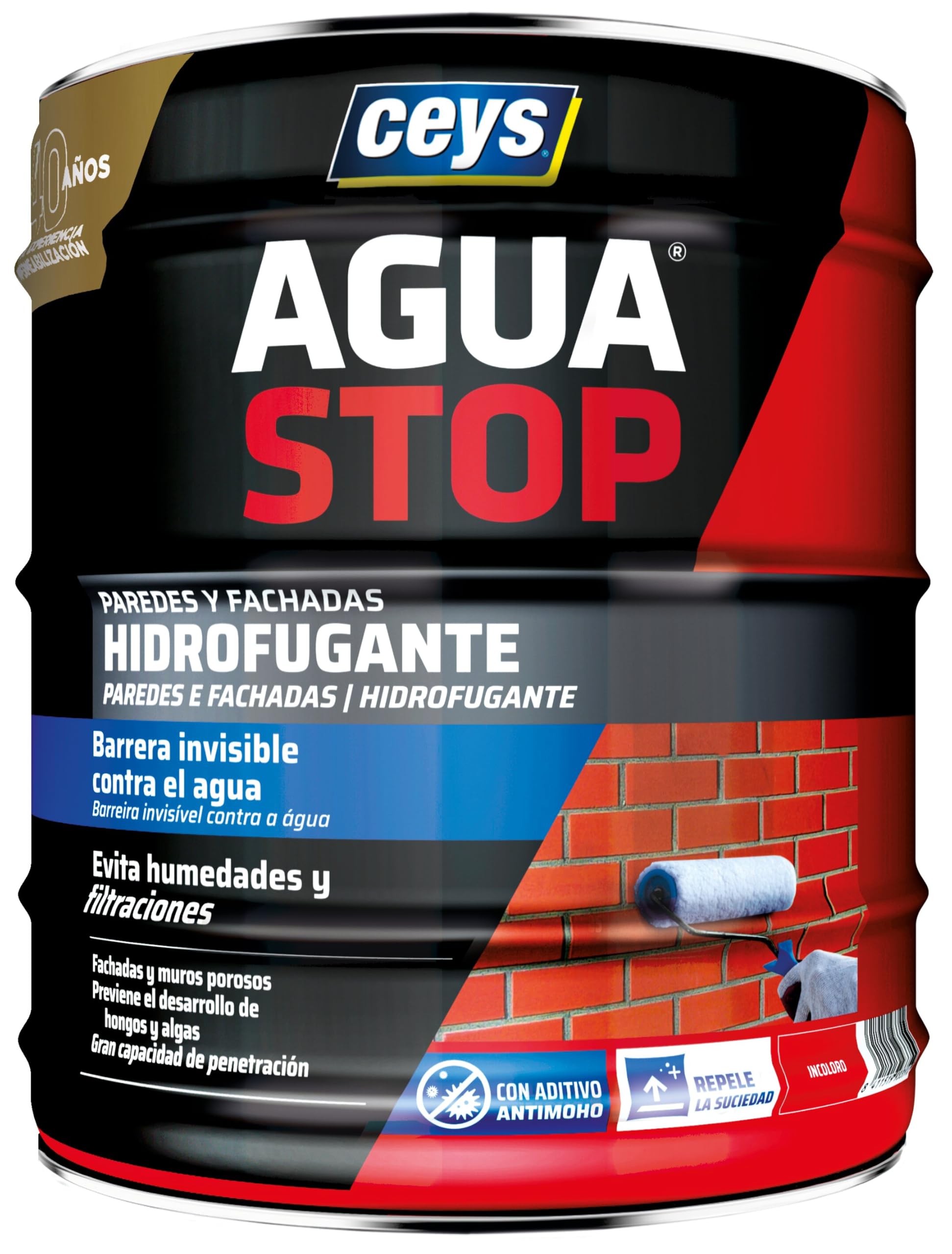 Ceys - Aguastop Hidrofugante Antimoho - Paredes y Fachadas - Barrera Invisible Antifiltraciones - Protector de Muros Porosos - Evita Humedades y Moho - 20L