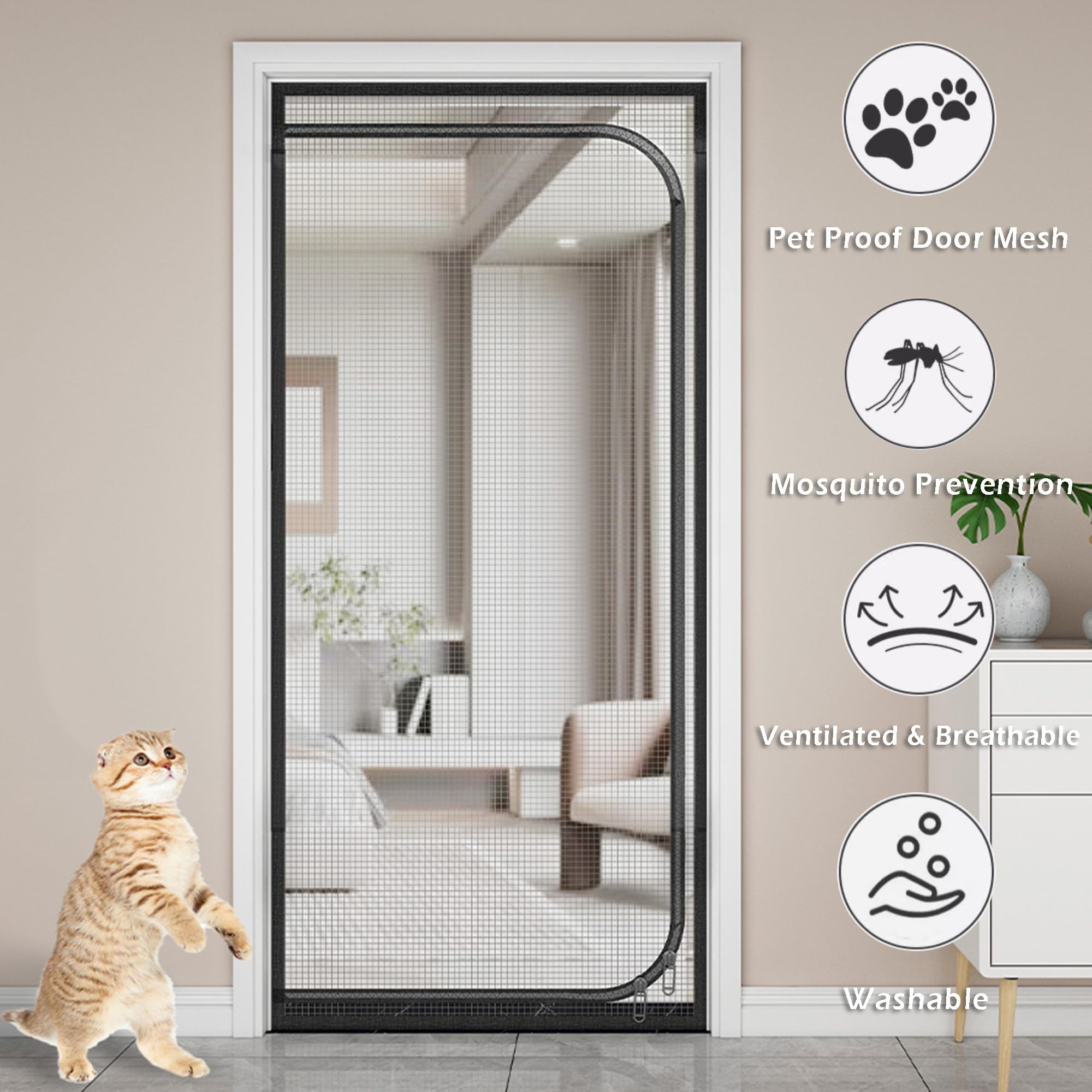 Zanzariera per animali domestici con cerniera, rete resistente ai graffi per gatti, per soggiorno, camera da letto, impedisce che cani e gatti escano da casa (larghezza x altezza: 140 x 240 cm)