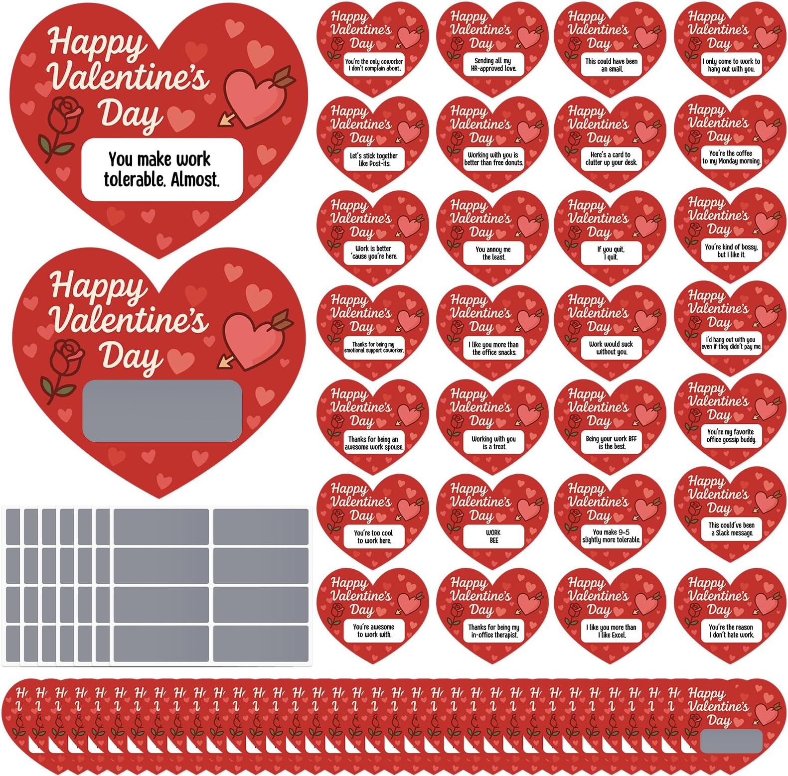 Glenmal 30 Sets Valentines Day Scratch off Cards Gift Red Heart Shaped Scratch Cards Funny Happy Valentines Love Game Card Self Adhesive for Coworker Employee Staff Team Adult Office Party Favor