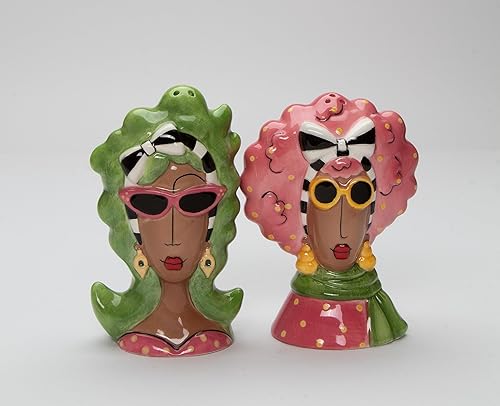 Dollymamas de cerámica fina afroamericana negra con gafas de sol, juego de salero y pimienta, 4-3/8 pulgadas de alto