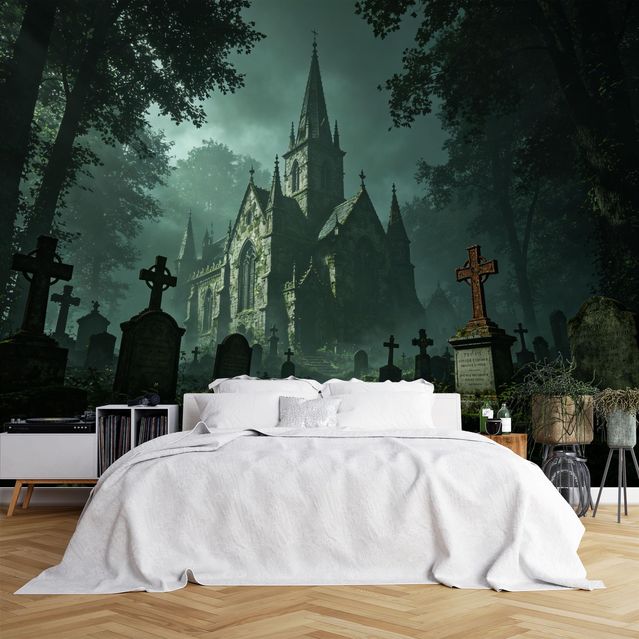 Lcythiazole Ch260615235 Custom Size Wall Murals Spooky Old Church Graveyard Foggy Forest Wall Stickers Self-Adhesive Wall Fabric (No Pvc) Removable Wallpaper For Halloween Entryway