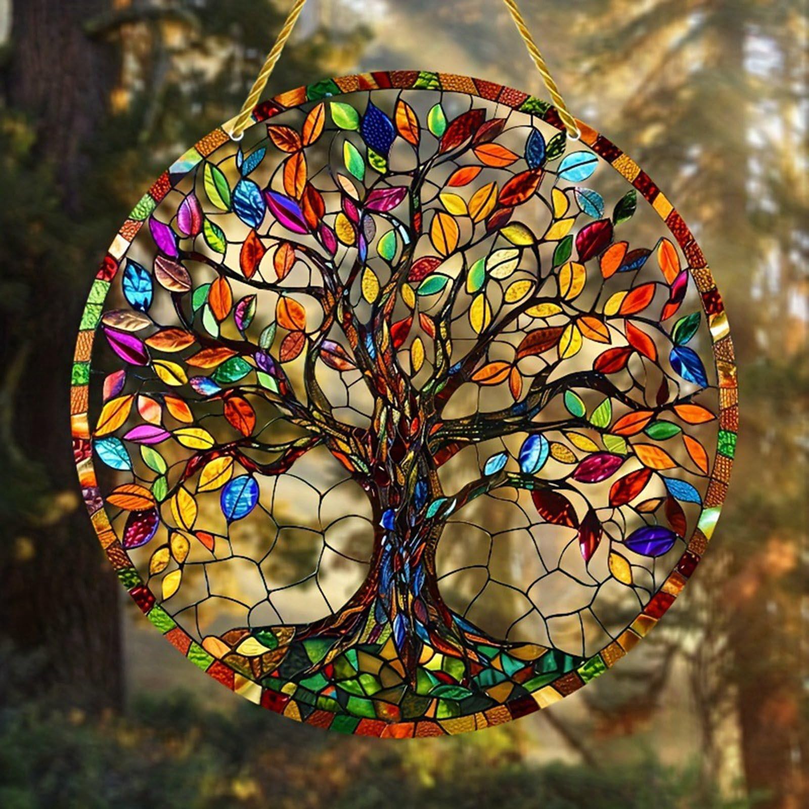 Pannello In Vetro Artistico Design Toscano – Albero Della Vita, Vetrata Tiffany 24x34 Cm Con Catena E Cavalletto - 2