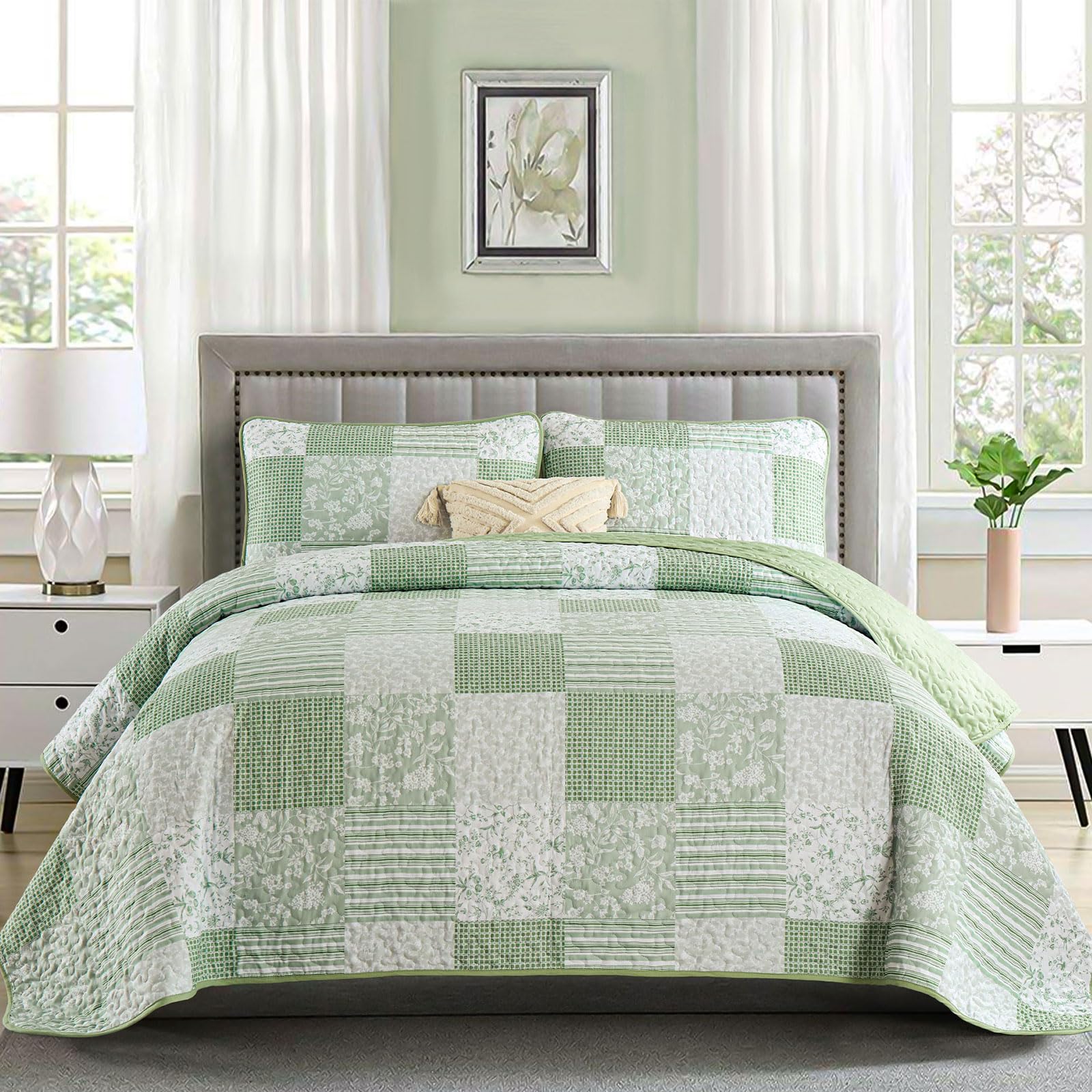Mybedsoul Boho Quilt King Size, Patchwork Floral Bedding Set, Light Green
