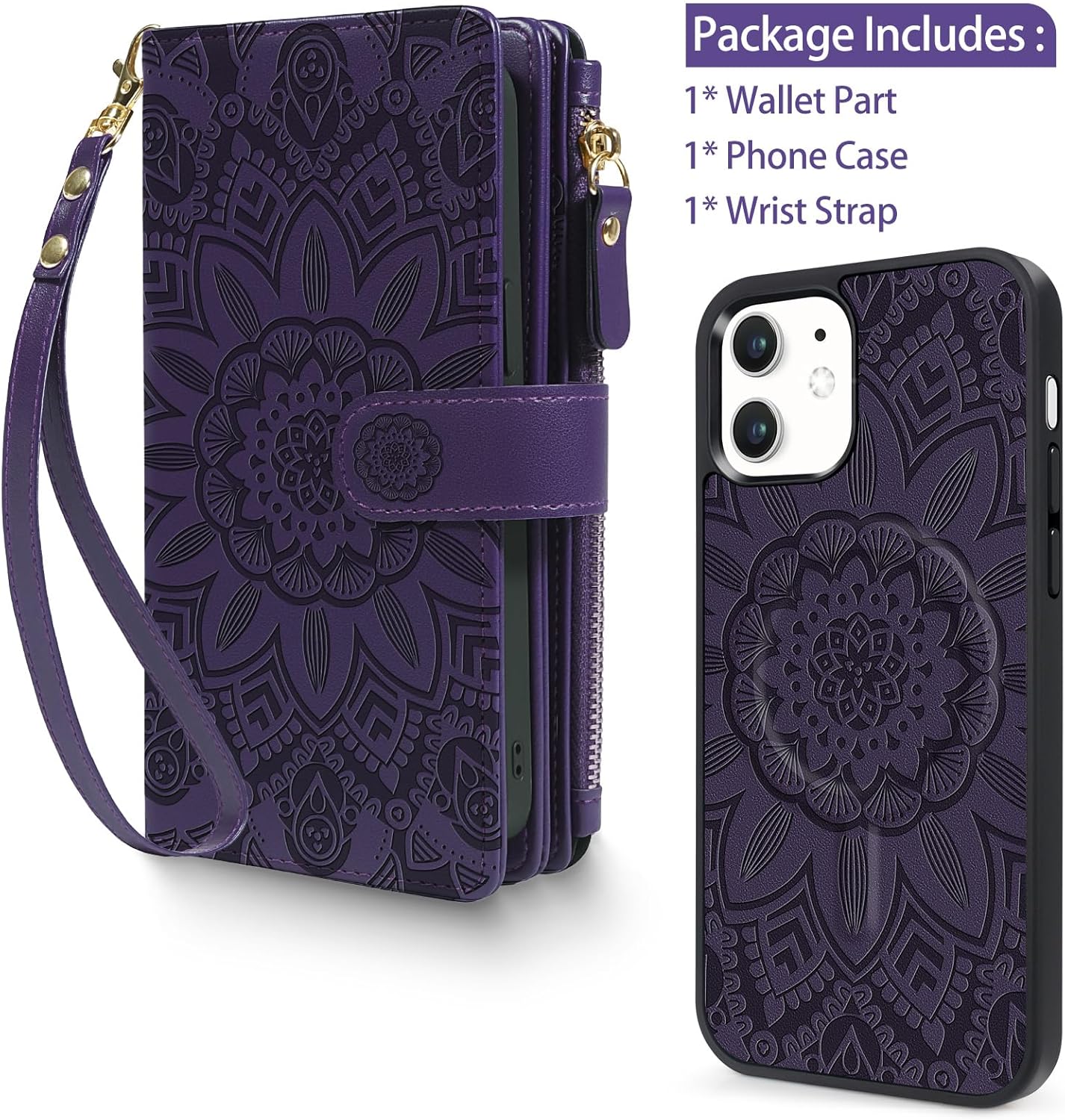 Harryshell 2 in 1 for iPhone 12/12 Pro Wallet Case Magnetic Compatible with Magsafe RFID Blocking Card Holder Detachable Phone Cover Zipper Purse Kickstand Wrist Strap for Men Women Floral Purple