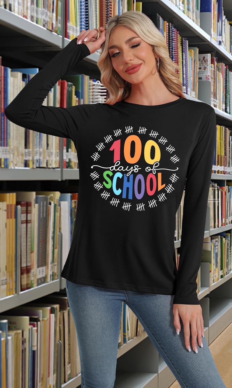 PECHAR 100 Days of School Shirt Teacher School Days Long Sleeve Shirts Funny 100 Days Celebration Gifts Tee Tops - Image 5