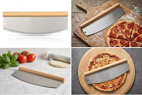 Miniatura 6 de Cuchillo mecedor profesional de acero inoxidable de 14 pulgadas, cortador de hoja de mango de madera con cubierta cómoda, rebanador de pizza de