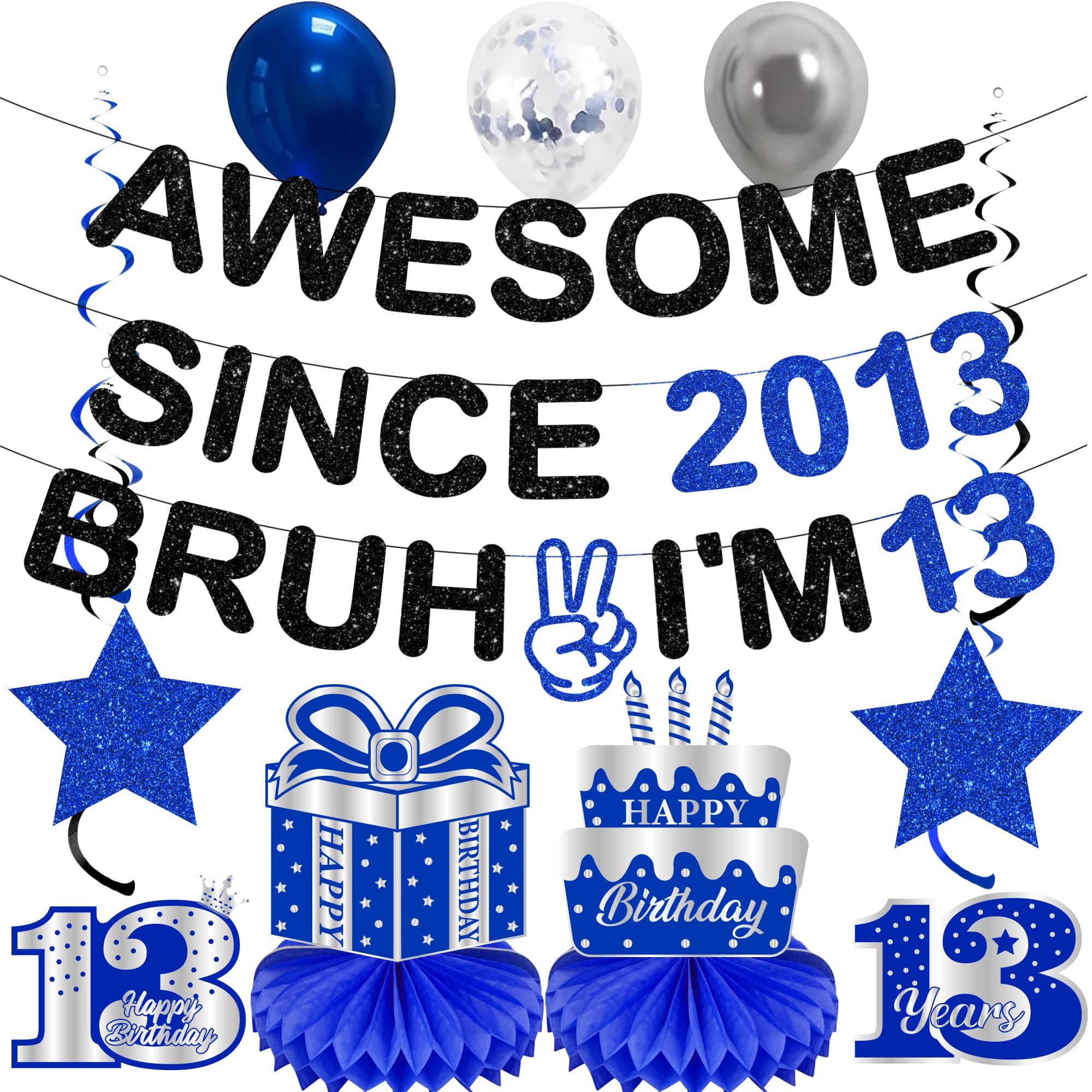 13 Birthday Decorations Banner Boys - 12 Pcs Black Blue Awesome Since 2013 Bruh I'm 13 Banners Pre Strung Hanging Swirls Honeycomb for Thirteen Year Old Official Teenager Party Decor Supplies โ image 1