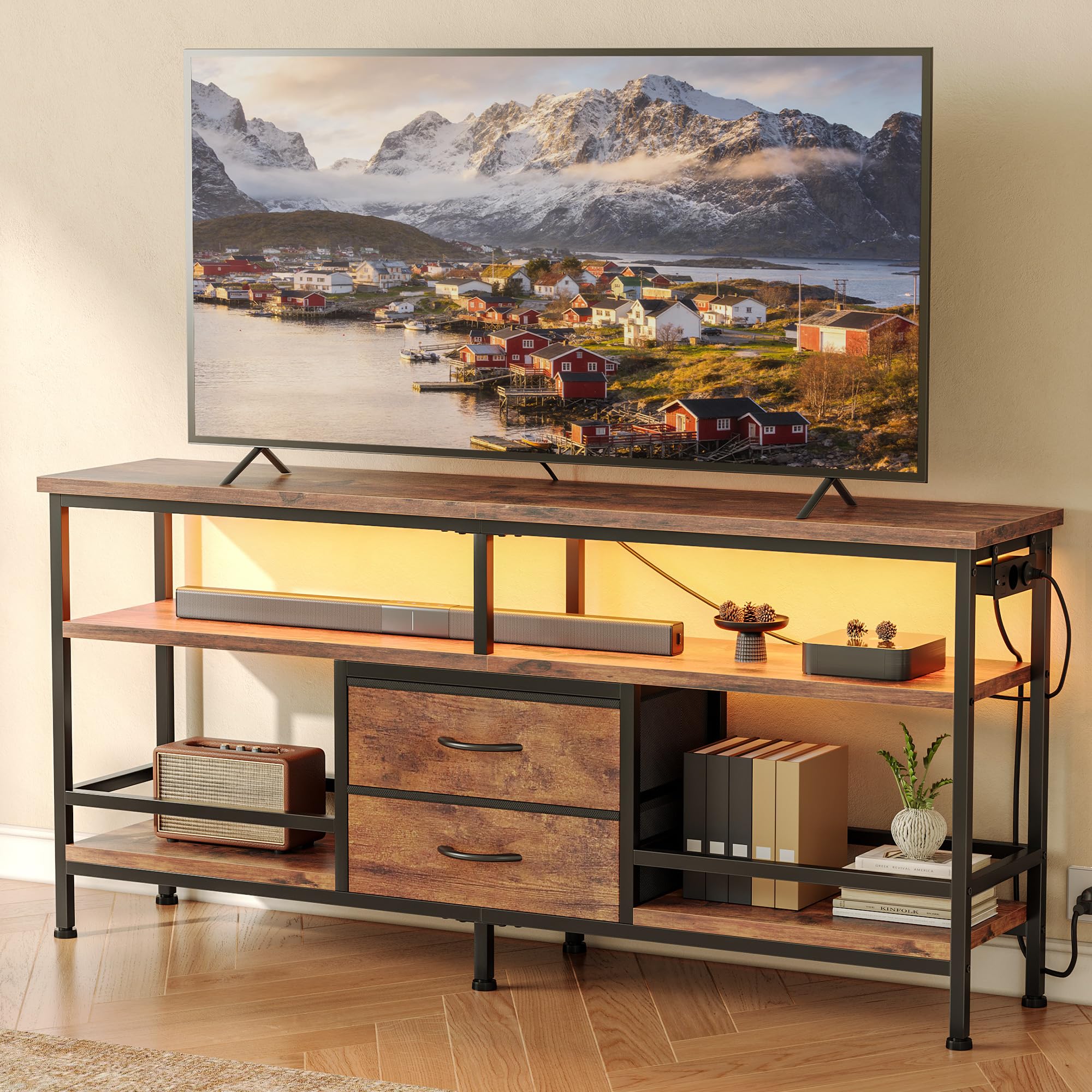 CO-Z TV-Schrank, Lowboard für Fernseher 109–165 cm, 140×40×60 cm mit LED-Beleuchtung, Abnehmbarer Ladestation, offenen Regalen & Stoffschubladen