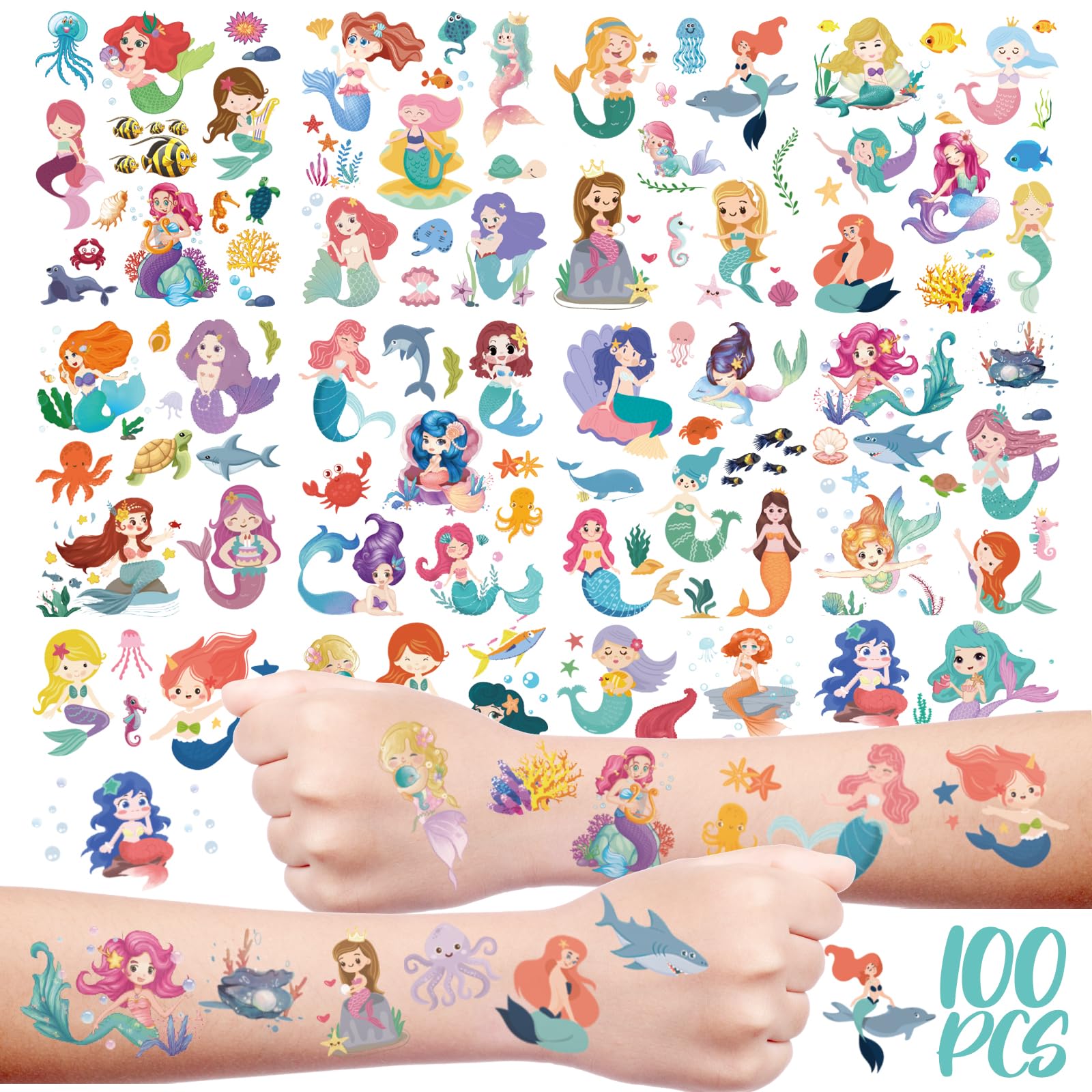 MYOKBAR Mermaid Tattoos of Kids Bulk,100 MermaidTemporary Tattoo Kids,Waterproof Temporary Tattoos for Girls Boys Birthday Mermaid Party Favors