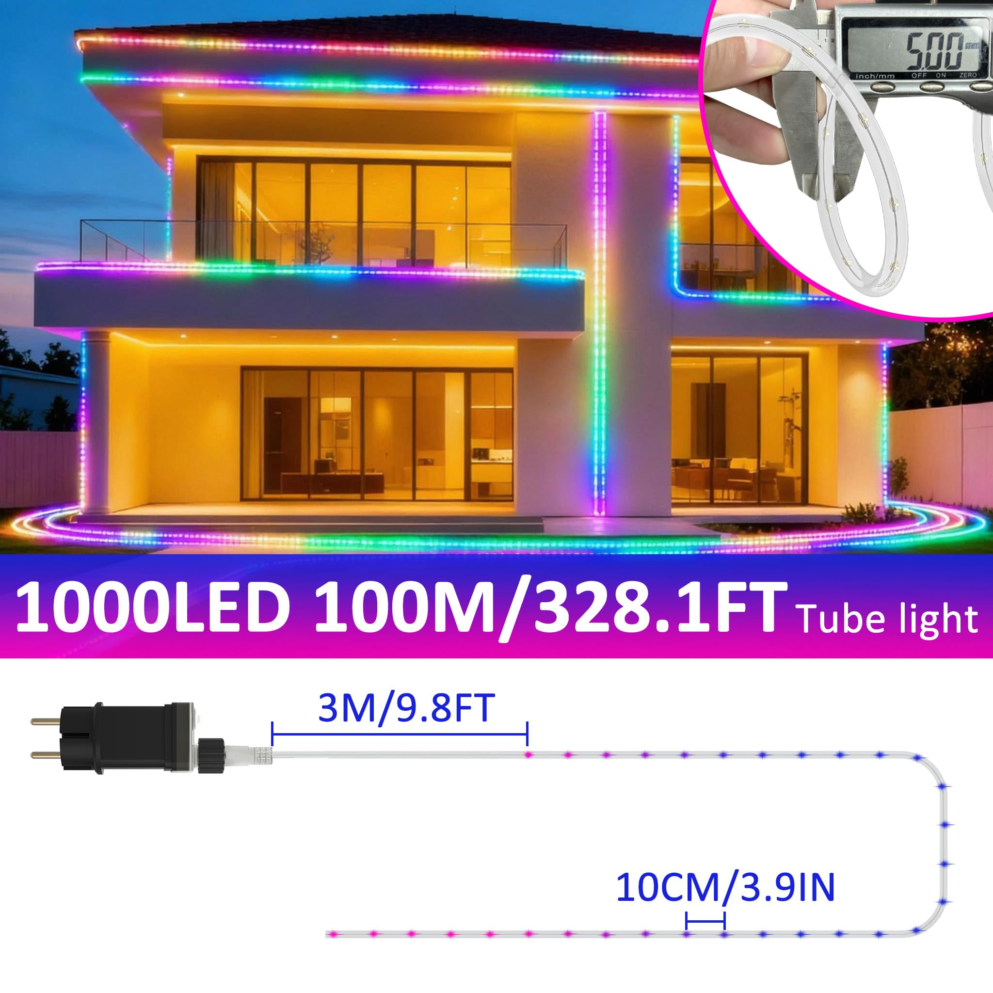 YRHome wąż świetlny LED, 100 m, 1000 diod LED, z wtyczką, do użytku na zewnątrz, z timerem, 8 trybów i możliwością regulacji jasności, IP44, wodoodporny, oświetlenie dekoracyjne RGB LED, do użytku