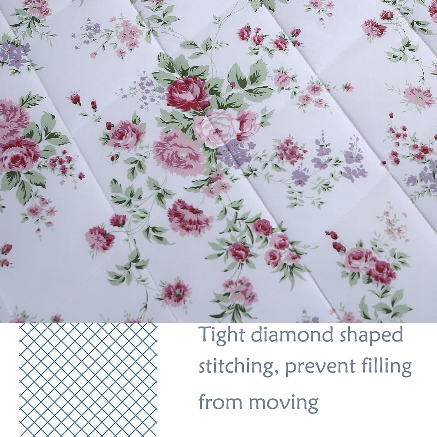 FADFAY Rose Floral Comforter Set Queen Shabby Floral Summer Quilt 100% Cotton Fabric with Bed Sheet Bedding Lightweight Reversible All Season Down Alternative Duvet Insert 7Pcs, Queen