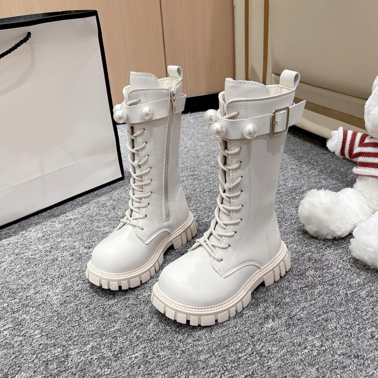 Generico Stivali Bambina con Tacco,Stivali Invernali alla Moda per Ragazze Scarpe Alte alla Caviglia con Fibbia in Perle per Bambini Piccoli Abbigliamento Casual Elegante