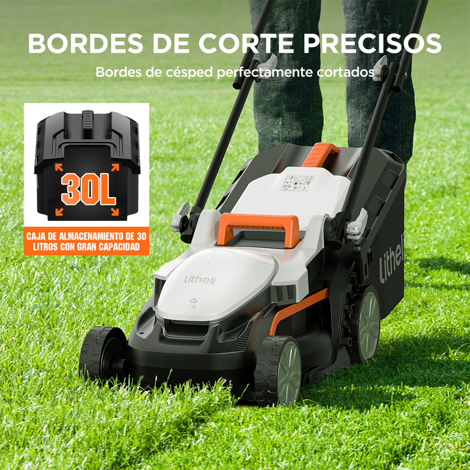Litheli Cortacésped Batería 33cm, 1x 20V 4,0Ah Batería, hasta 200 m², 30L Bolsa Recolectora, 25-65 mm, 5 Niveles de Altura de Corte