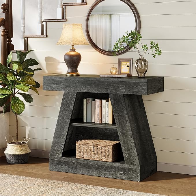 Tribesigns 26.8-Inch Farmhouse Console Table for Entryway, 3-Tier Modern Sofa Table with Shelf Behind Couch for Living Room, Hallway, Entrance (Black)