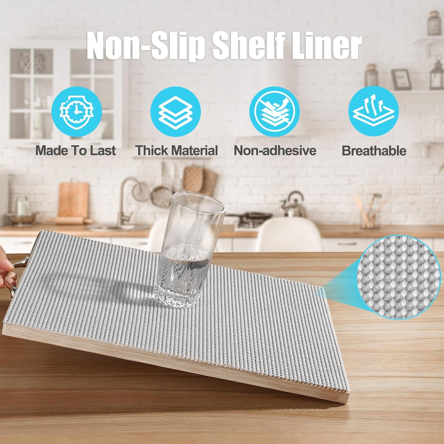 Songrey Non-Adhesive Drawer and Shelf Liner, Non Slip Cabinet Liners, Protect Kitchen Cupboard, Bathroom Drawers, Breathable, Thick Strong Grip mat (12IN x 10FT, Light Gray)