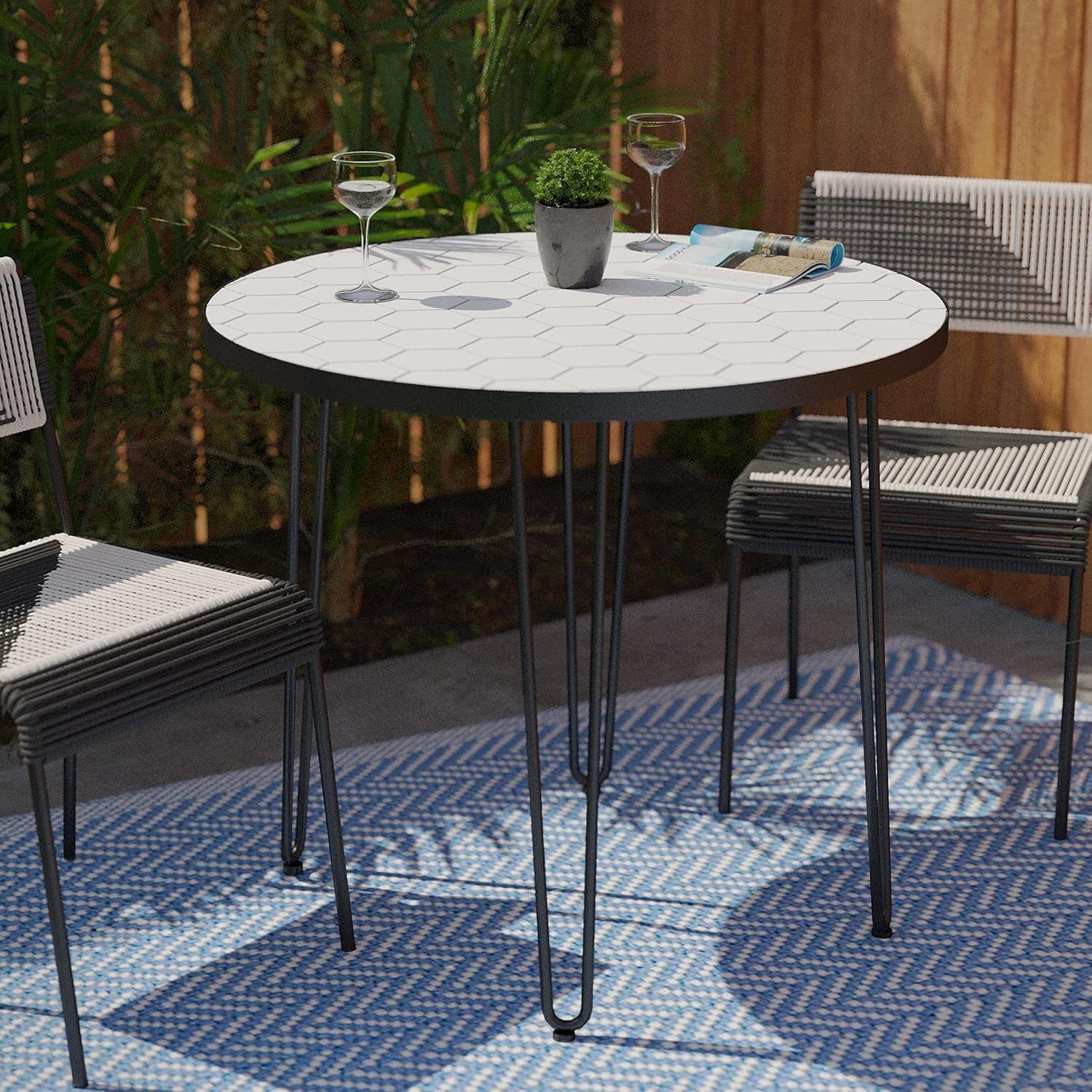 HomeStock Southwestern Sensibilities Outdoor Bistro Table with Hexagon Tile Top and Hairpin Legs for Balcony or Patio Dining Comfortably Seats 4 People