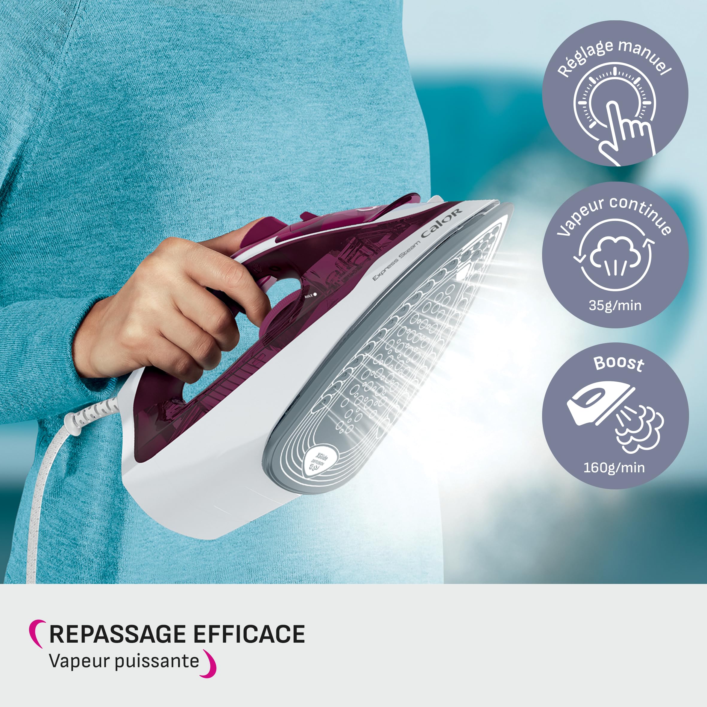Calor Express - Plancha de vapor, 2400 W, flujo de vapor 35 g/min, función de prensado 160 g/min, Suela de cerámica, Desarrugado vertical FV2835C0, Granate