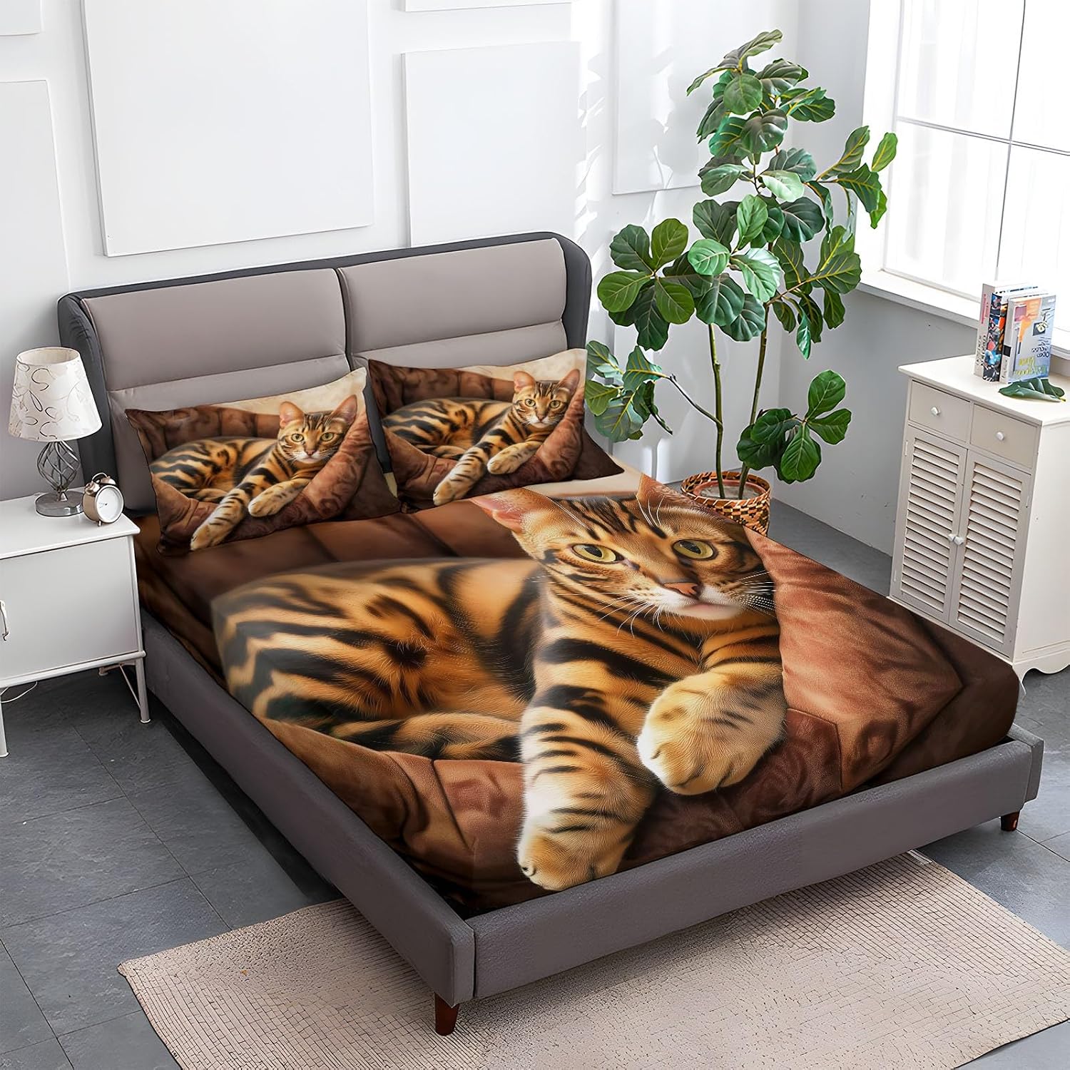 Fitted Sheet Set Full Size Bengal Cat Image Bed Sheet Set, Brown Bedding Set for Boys Girls Home Decor, Fitted Sheet Deep Pocket with 2 Pillowcases, 4 Pieces