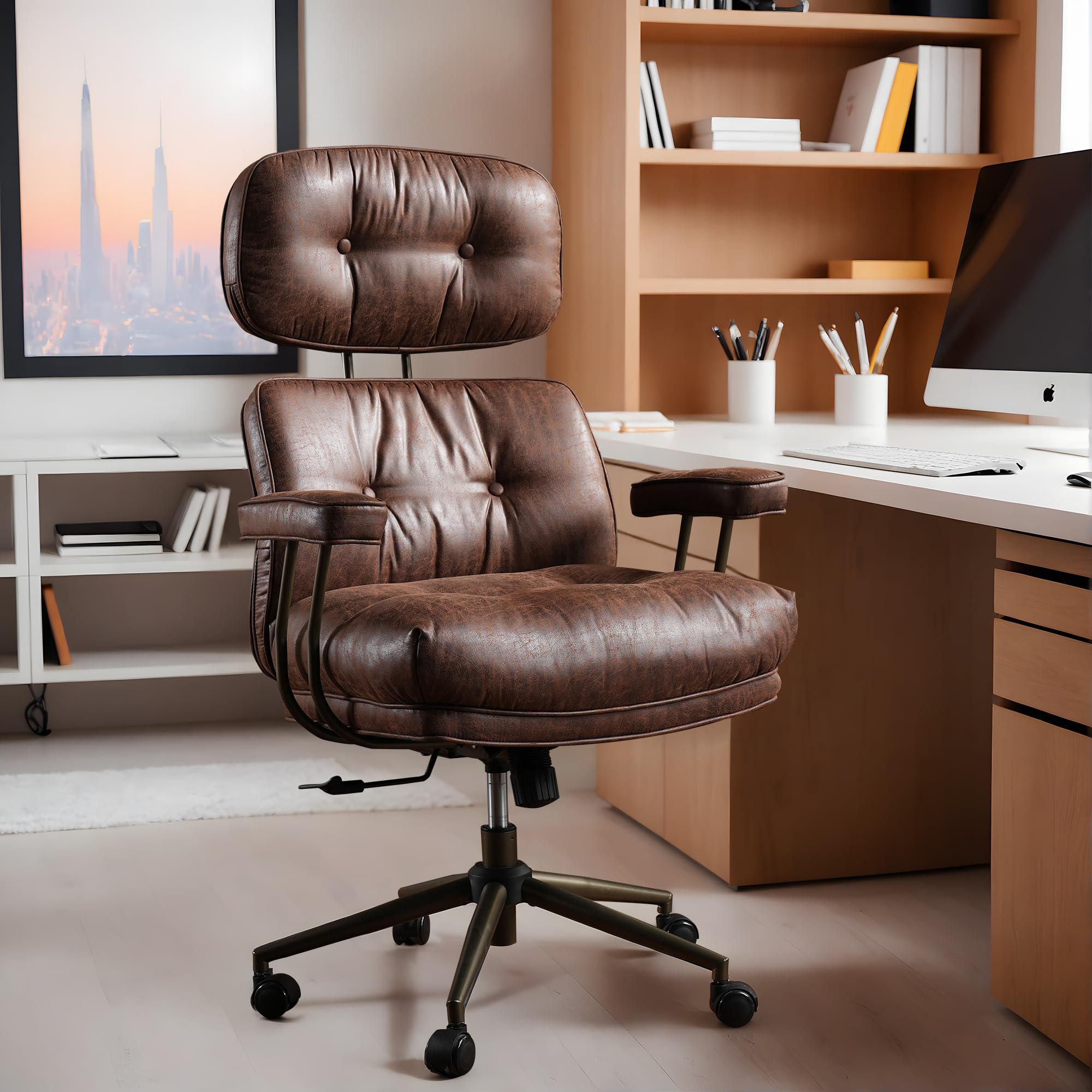 High Back Executive Office Chair with Comfortable Deep Seat,Brown Mid Century Modern Office Chairs,Ergonomic Big and Tall Computer Desk Chair with