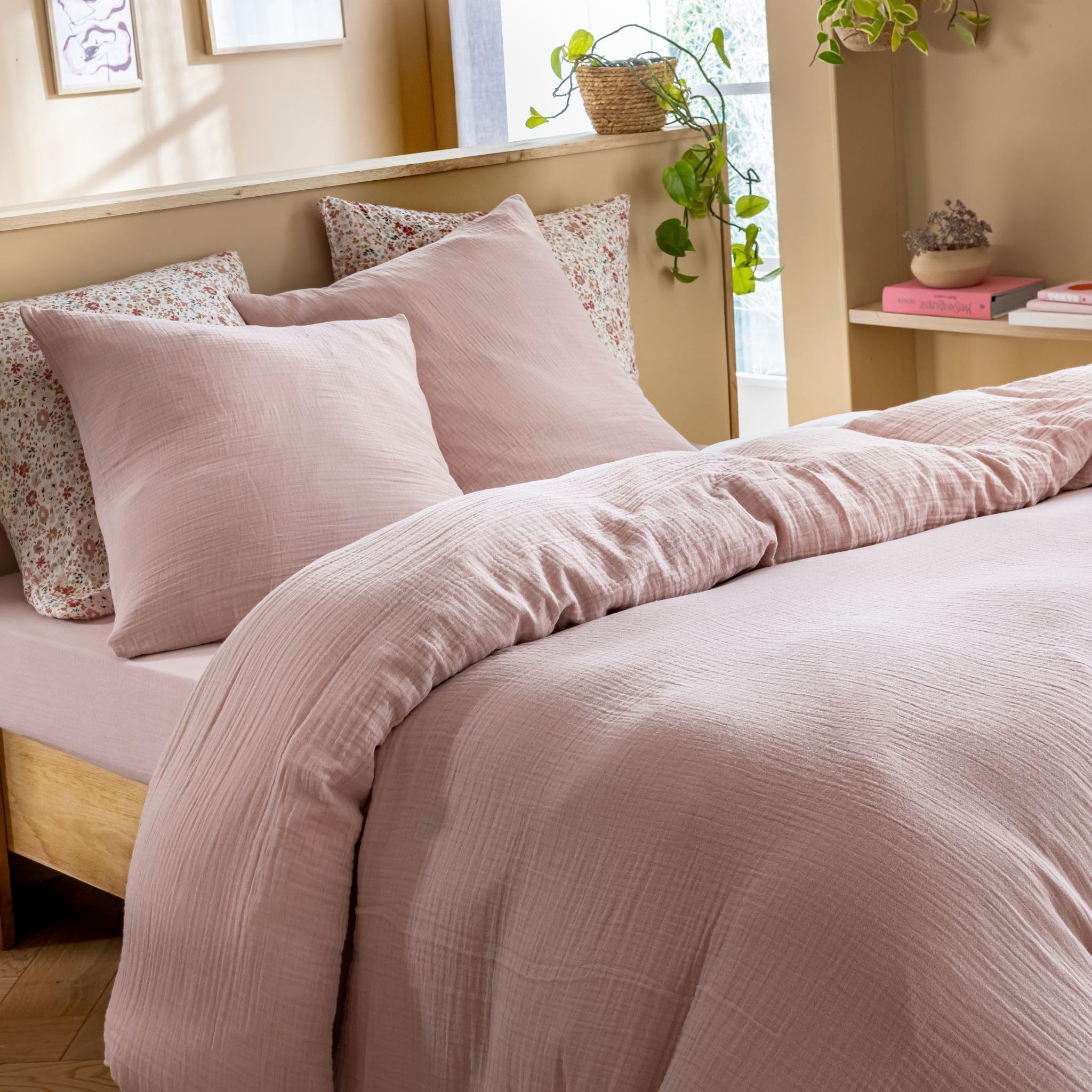Terre de Nuit - Housse de Couette 240x220 Gaze de Coton Rose Terre de Nuit June - Rose - Uni - 57 Fils/cm² - Base Droite