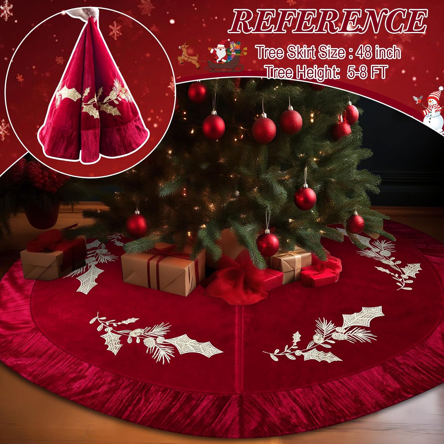 48 Inches Velvet Christmas Tree Skirt Red Wine Luxury Xmas Gold Fur Plush Skirts with Gold Embroidered Holly for Merry Christmas Party Rustic Vintage Holiday Home Winter Decorations