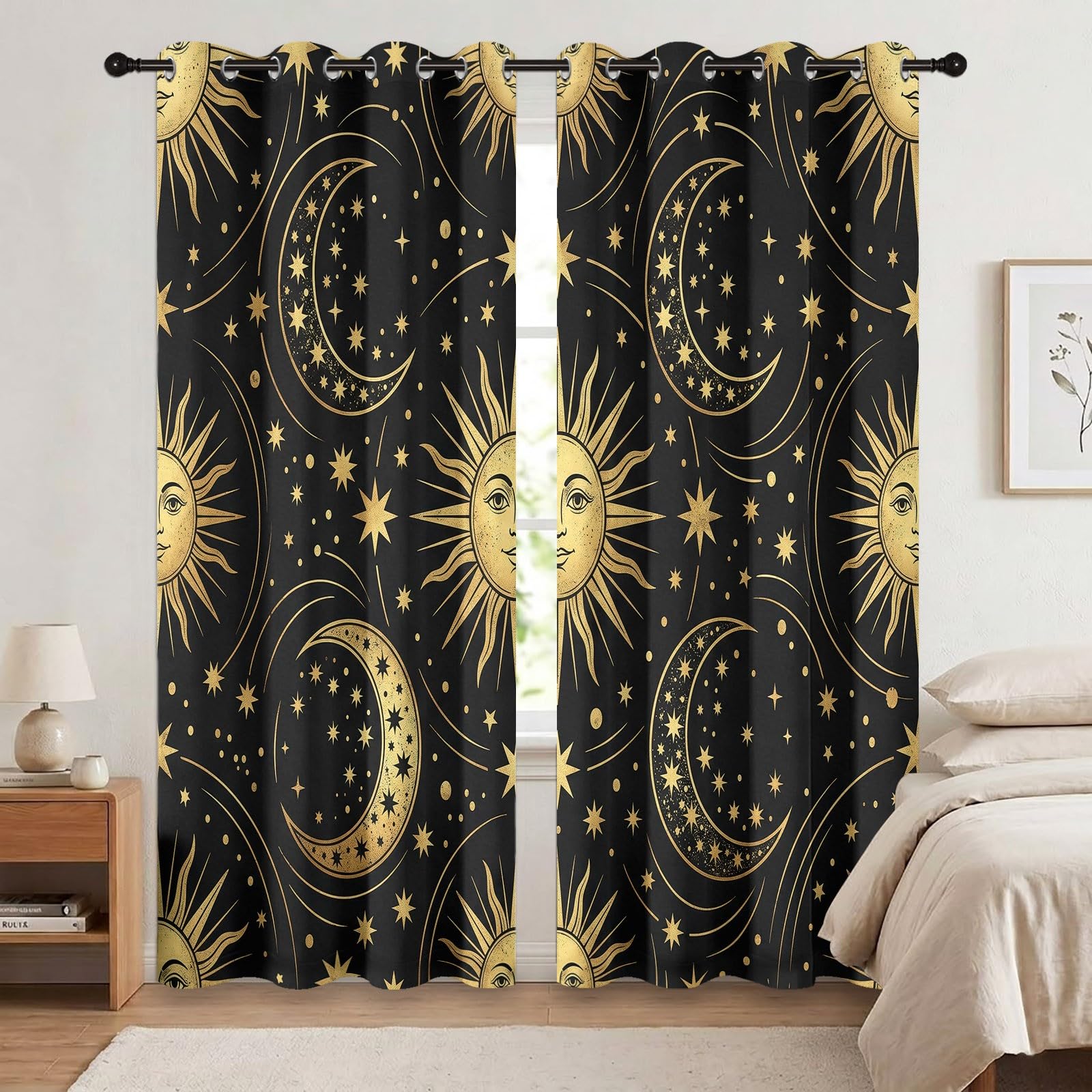 Rideaux Occultants Espace Fantaisie 75L X 166H cm (2 Panneaux), Isolation Thermique Fixation par Oeillets Soleil & Lune Vintage pour Chambre À Coucher, Noir Doré