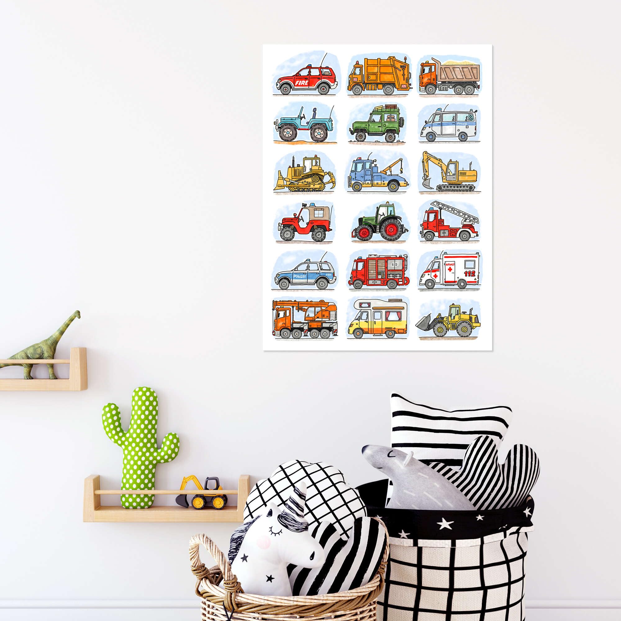 Wszystkie moje autka Plakat | 90 x 120 cm Hugos Illustrations Obrazy Dekoracja ścienna