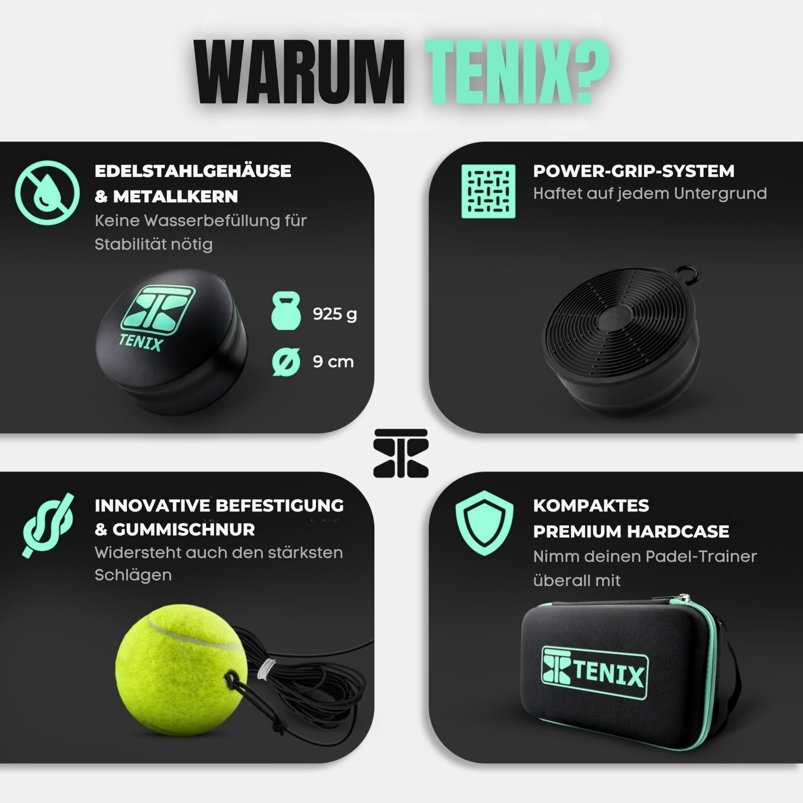 TENIX® Padel-Trainer Set mit Edelstahl-Basis [Keine Wasserfüllung nötig] Trainieren im Hof, im Park, auf dem Padelplatz | Hervorragendes Padel-Tennis Geschenk!