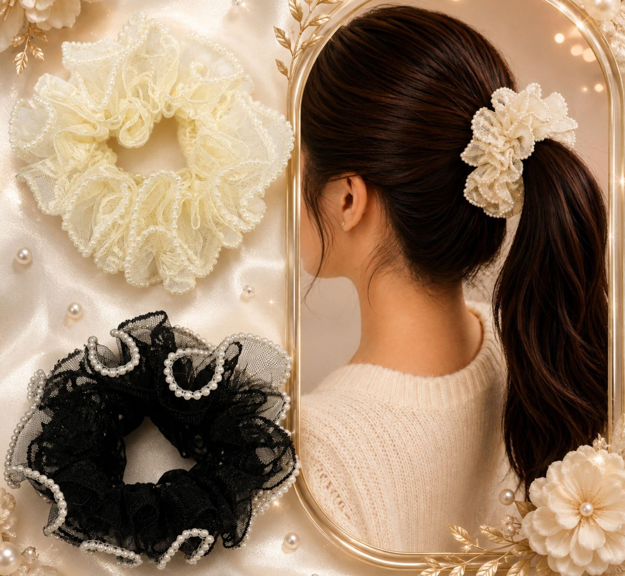 3pc medium Lace Pearl Scrunchie Hair Tie, Ruffle Tulle Design, Elegant Hair Accessory, Black, White, cream-image-40
