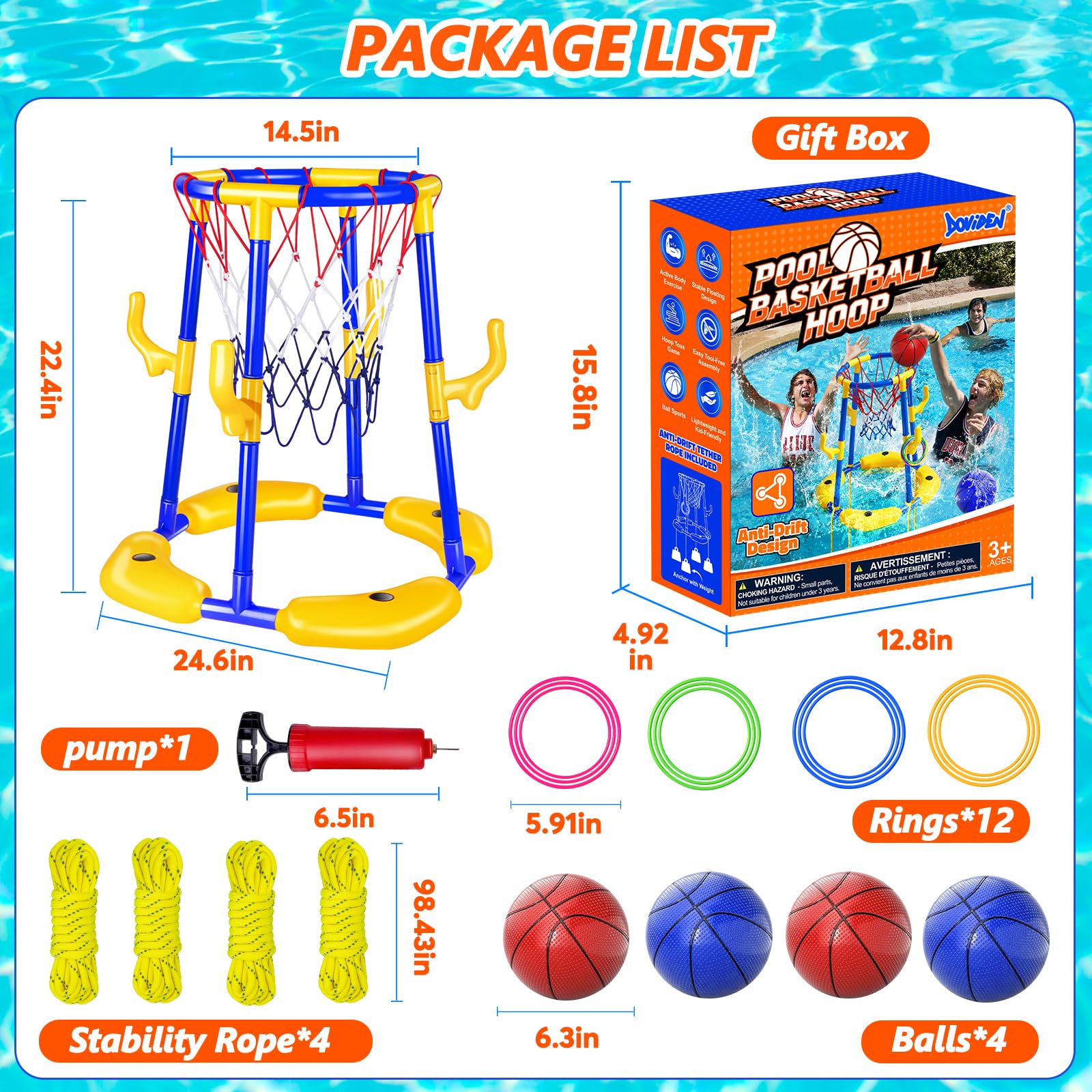 Set di canestro da basket per piscina Doviden _ Canestro da basket galleggiante per piscina con 4 palline da acqua, pompa e anelli, giocattolo da piscina 2-in-1 per adulti per adolescenti/bambini per