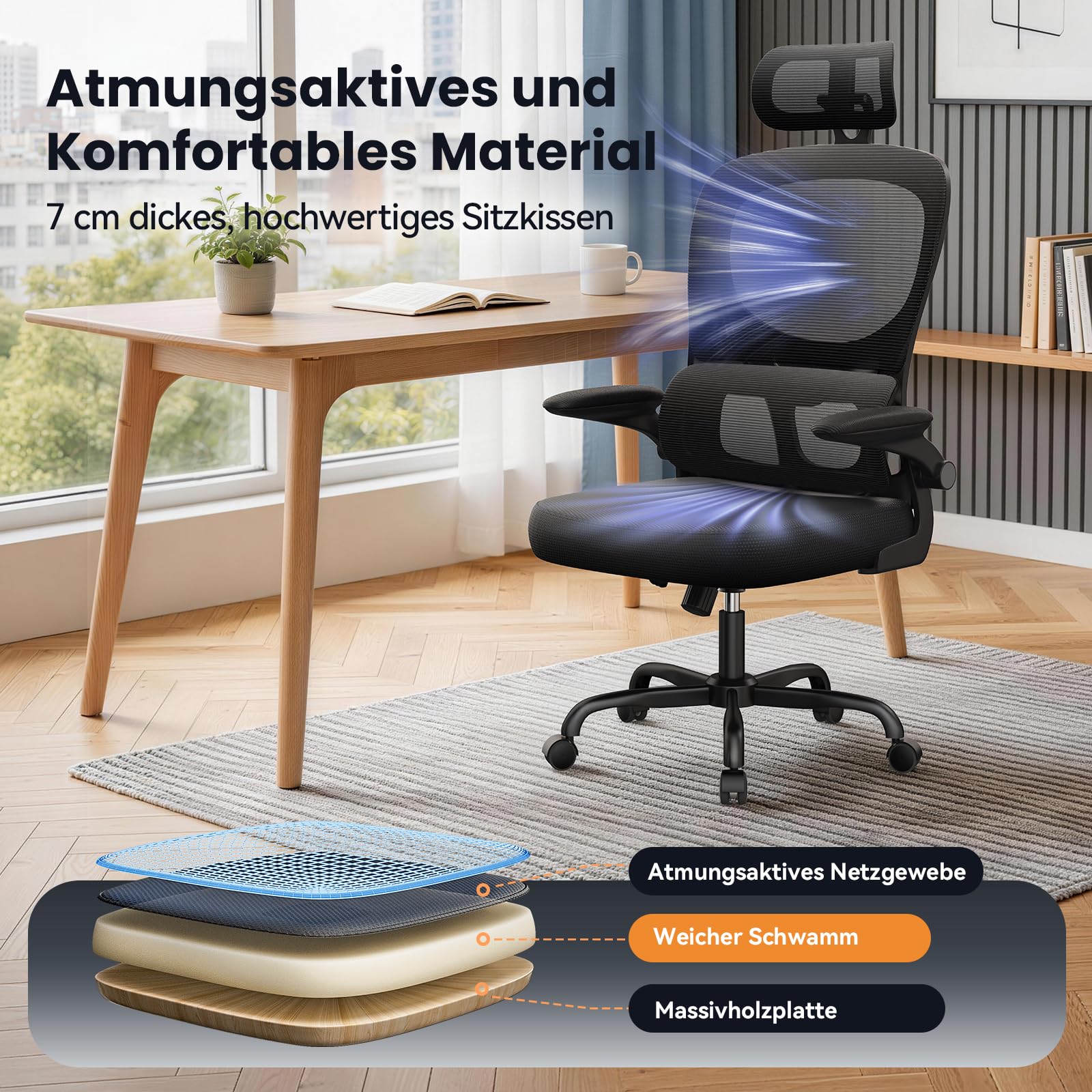 rattantree Ergonomischer Bürostuhl, Schreibtischstuhl mit Verstellbarer Kopfstütze und Armlehnen, C-förmige Lordosenstütze, Drehstuhl mit Rollen für das Home Office, Schwarz