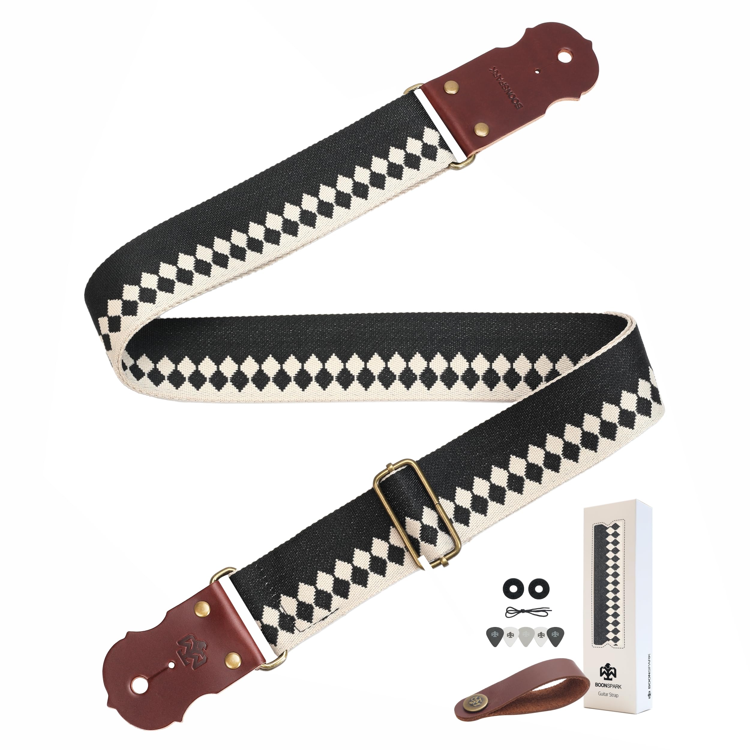 Guitar Strap, Jacquard Embroidery Guitar Straps with Top Real Cowhide Ends Guitar Straps for Electric,Bass and Acoustic Guitars(Black &amp; White Diamond)