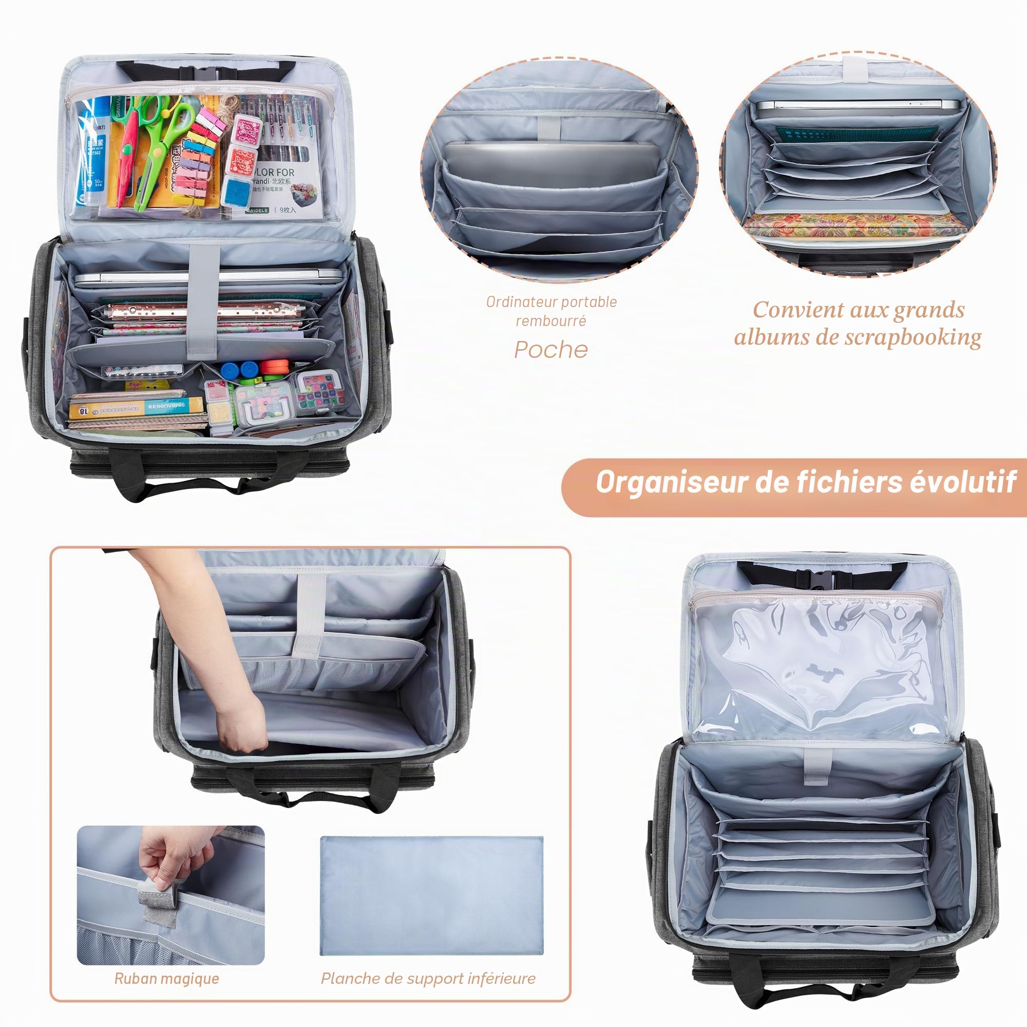 CURMIO Sac à roulettes pour Scrapbooking avec Poches Extensible, Gris | Valise à Roulettes Multifonctionnelle, pour Scrapbook/ Artisanales/ Couture/ DIY Materiel, Sac Vide