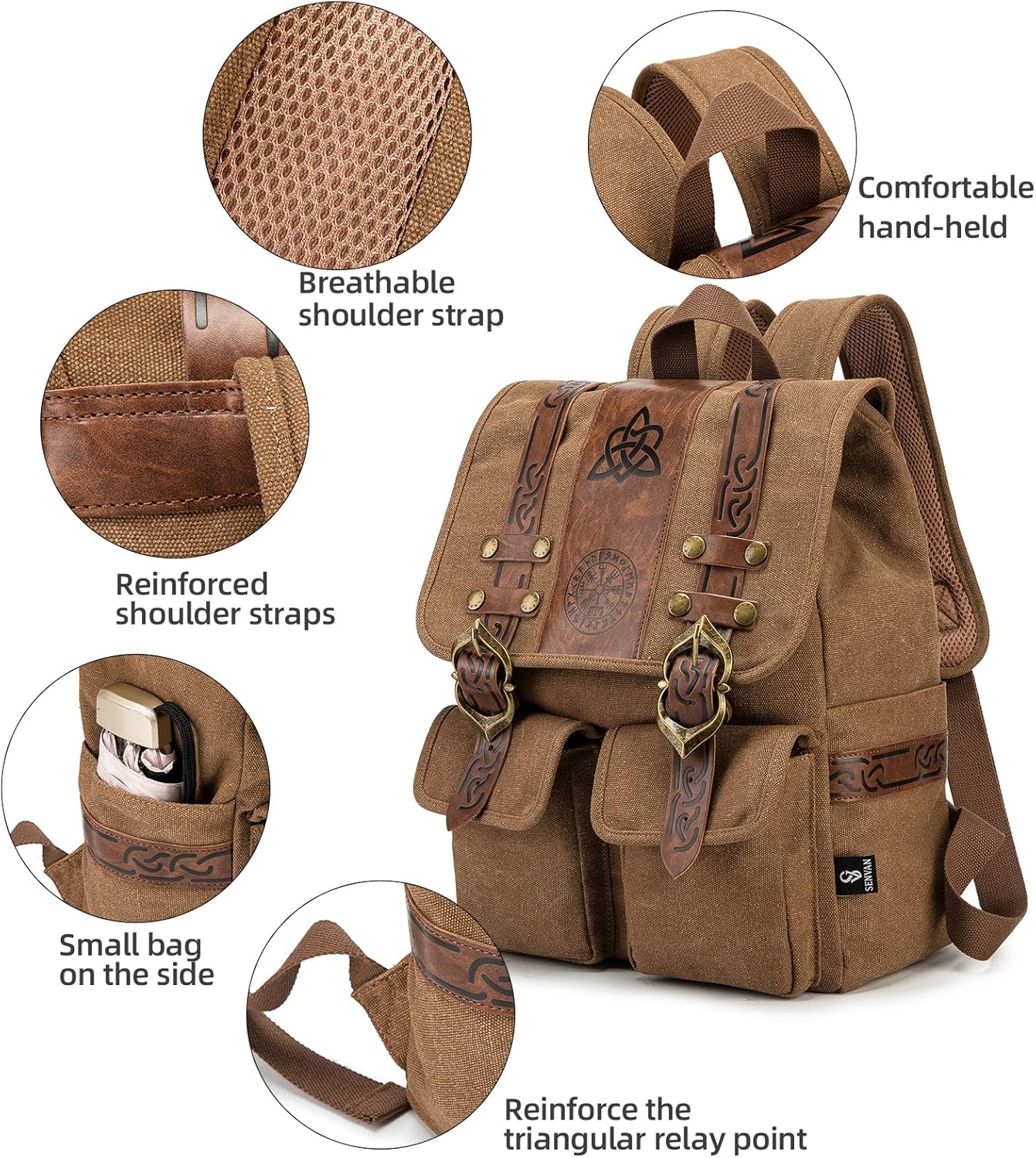SV SENVAN Medieval Renaissance Backpack –Viking Medieval Canvas Bag for LARP, Travel & Cosplay with Metal Hardware