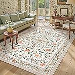Lahome 5x7 Washable Floral Rugs Orange Vintage Flower Low Pile Non Slip Large Carpet Rugs for Living Room Girls Bedroom Boho Cottage Core Area Rugs for Kids Playroom Farmhouse Dining Room
