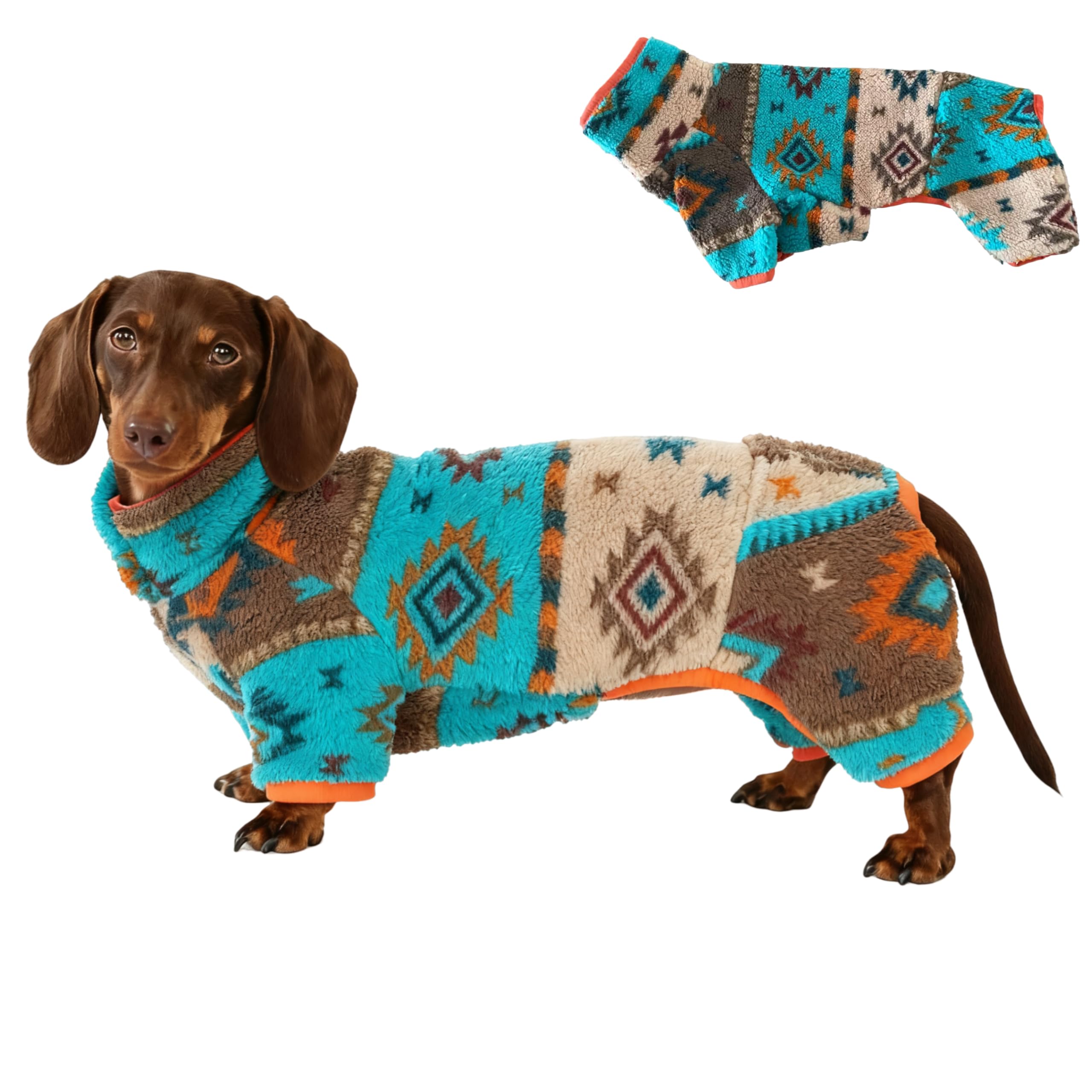Dachshund Dog Turtleneck Sweater, Dachshund Boho Dog Onesie, Soft Fleece Full Body Jumpsuit, Warm Winter Outfit for Dachshund and mini Dachshund (Blue, XS (4-7lbs))