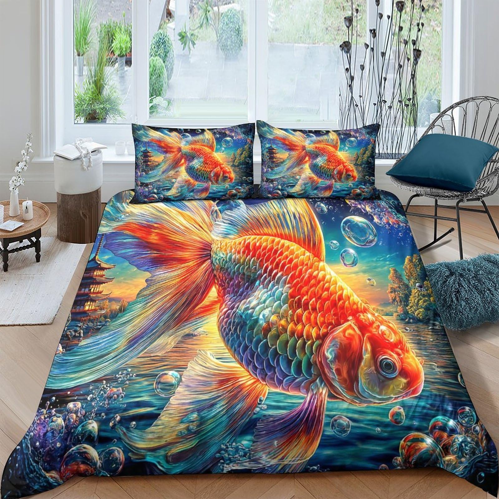 Housse de couette 3 pièces Poisson Rouge idée cadeau de crémaillère utile pour la maison