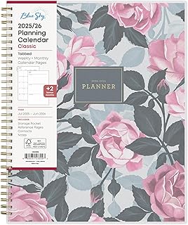 Blue Sky 2025-2026 Weekly and Monthly Academic Year Planner Calendar, July 2025 - June 2026, 8.5" x 11", Flexible Cover, Wirebound, Storage Pocket, Laminated Tabs, Roosevelt Pink