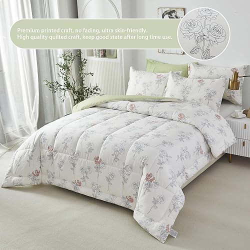 Miniatura 2 de Lemfux Juego de edredón de 3 piezas, 100 % algodón, estampado floral, elegante, blanco, verde, reversible, con plumón alternativo, edredón ligero