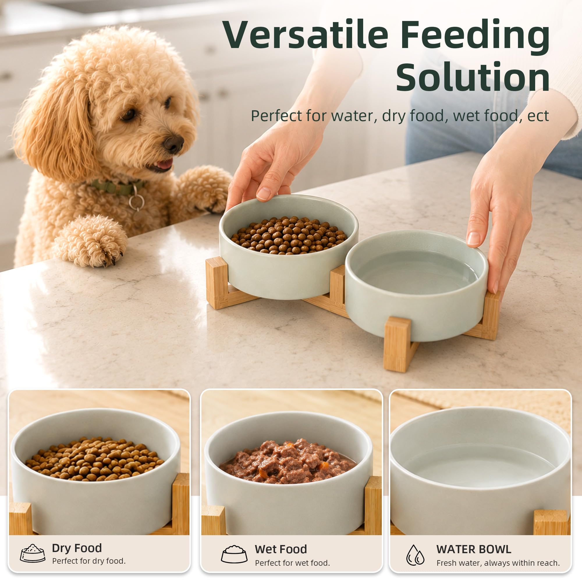 Casfuy Gamelle double antidérapante en céramique pour chien et chat avec support en bambou, 1,7 tasse