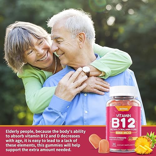 Miniatura 5 de Gomitas de vitamina B12 bajas en azúcar para adultos, 10000 mcg, metilcobalamina b12 con folato  B9, vitamina D 1600 UI, apoya la producción de