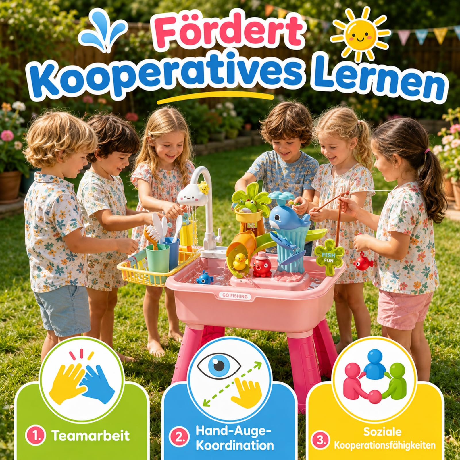 4-in-1 Spielspüle - Wassertisch Mit Pumpe Und Fließendem Wasser | Sand Und Wasser Spielzeug | Angelspiel Vergnügen | Für Kinder 4-8 Jahre Garten Terrasse Badezimmer