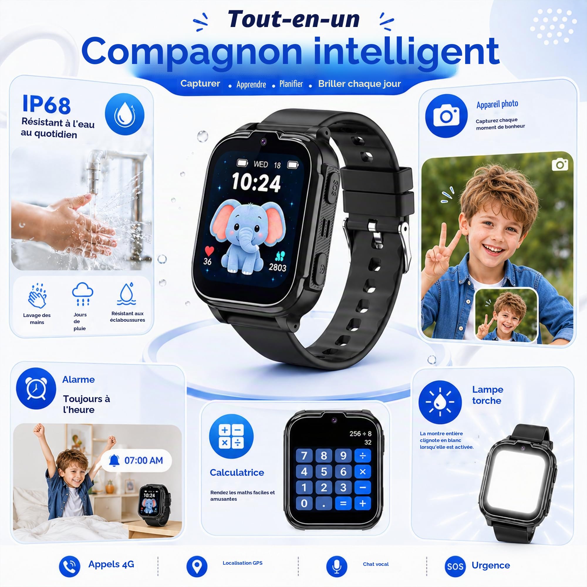 Montre Connectée Enfant GPS 4G Appel Vidéo SOS Chat Familial Podomètre